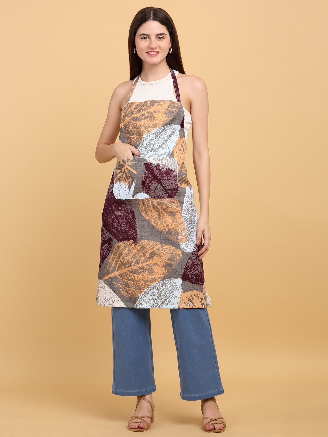 

Arrabi Brown & Grey Leaf Printed Cotton Aprons With 2 Patch Pockets