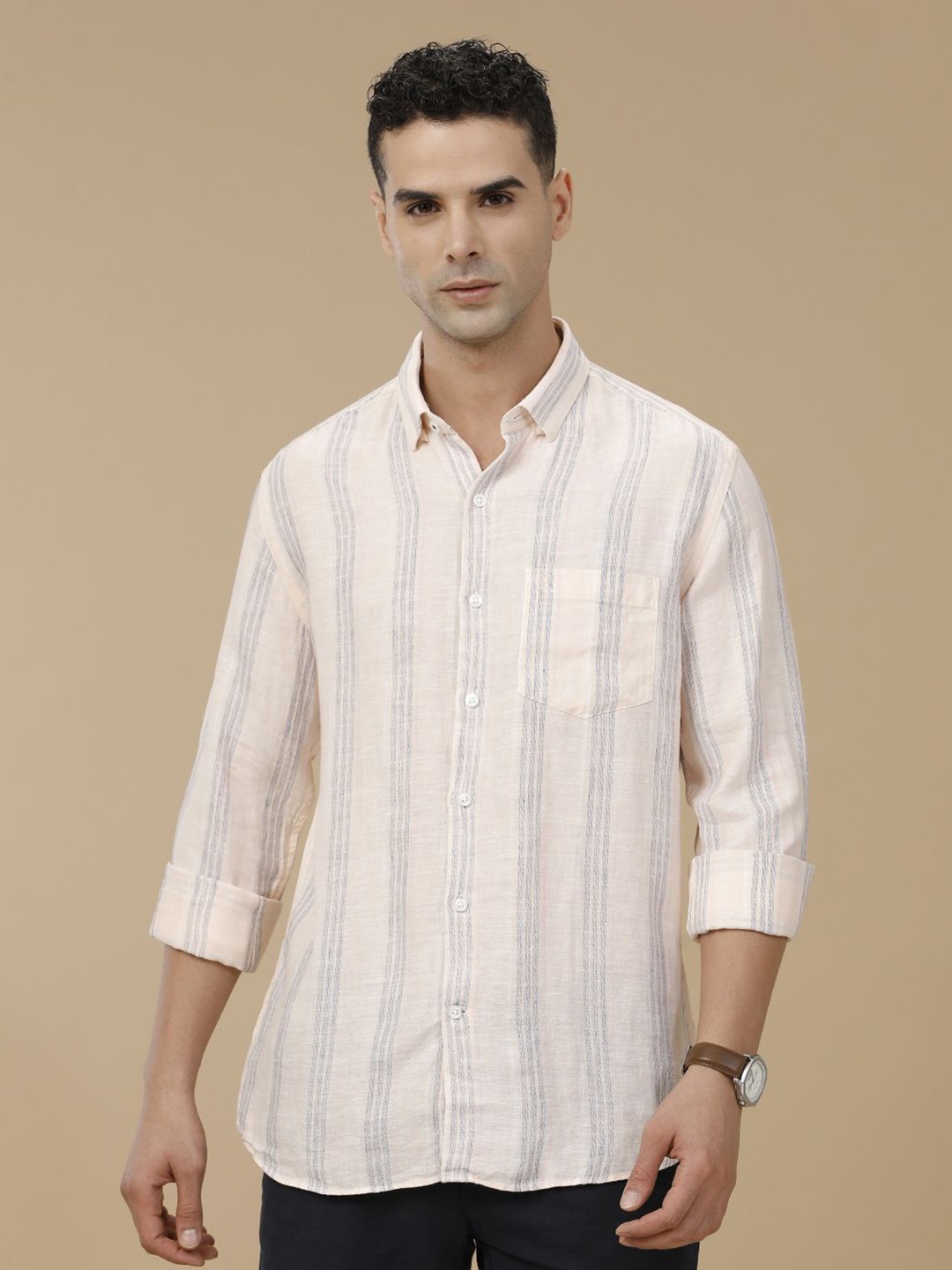 

Linen Club Contemporary Slim Fit Vertical Striped Button-Down Collar Linen Casual Shirt, Pink