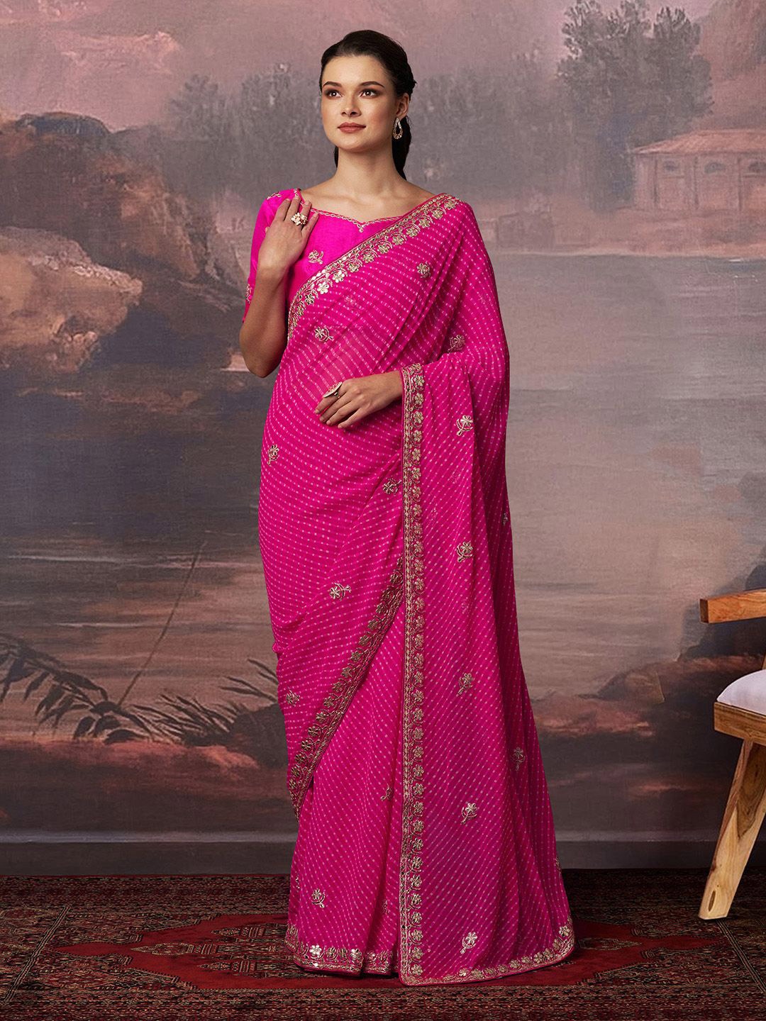 

House of Pataudi Bandhani Embroidered Georgette saree, Pink