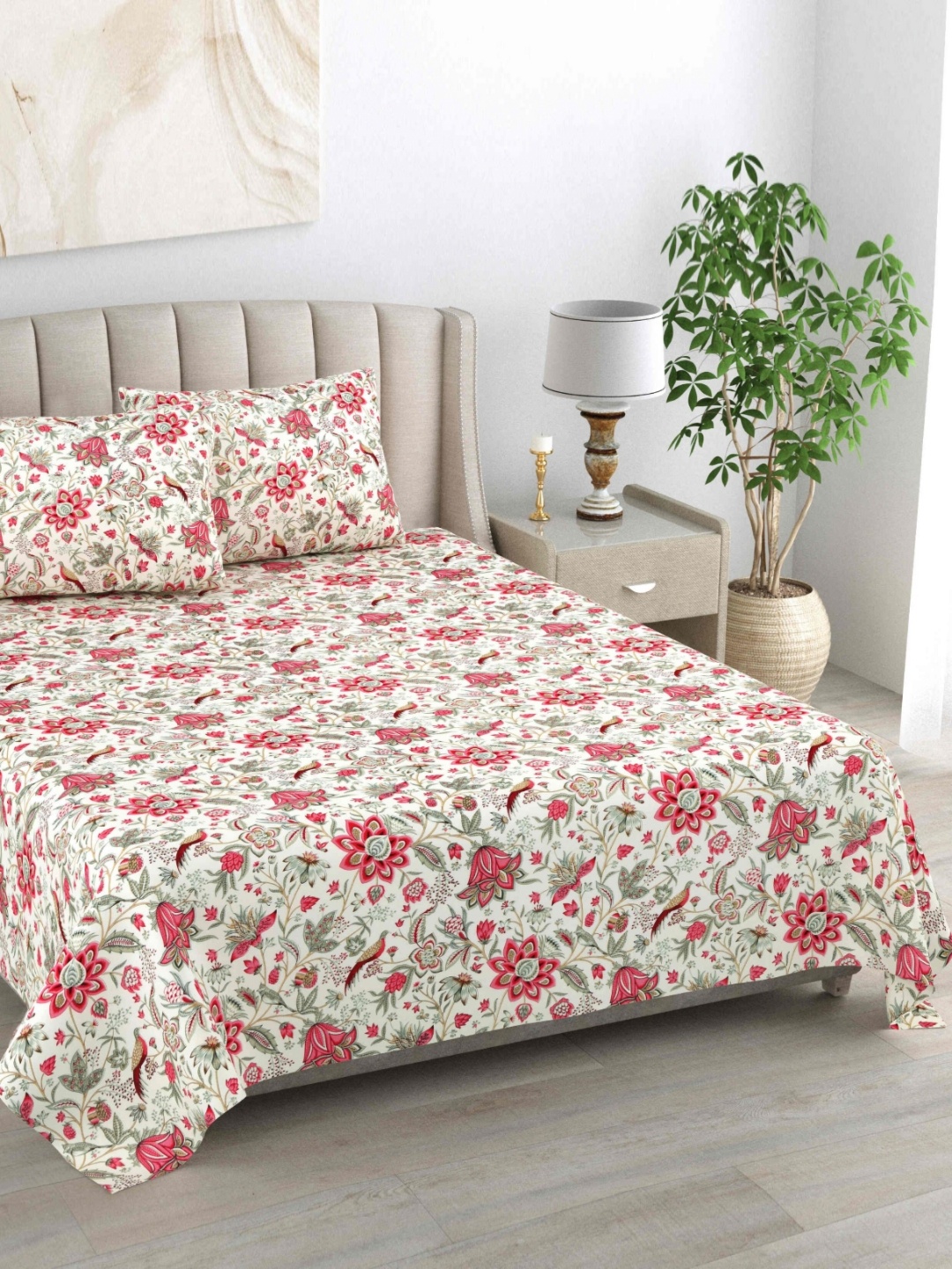 

BILBERRY Furnishing by preeti grover Cream-Coloured & Pink Floral 180 TC King Bedsheet with 2 Pillow Covers