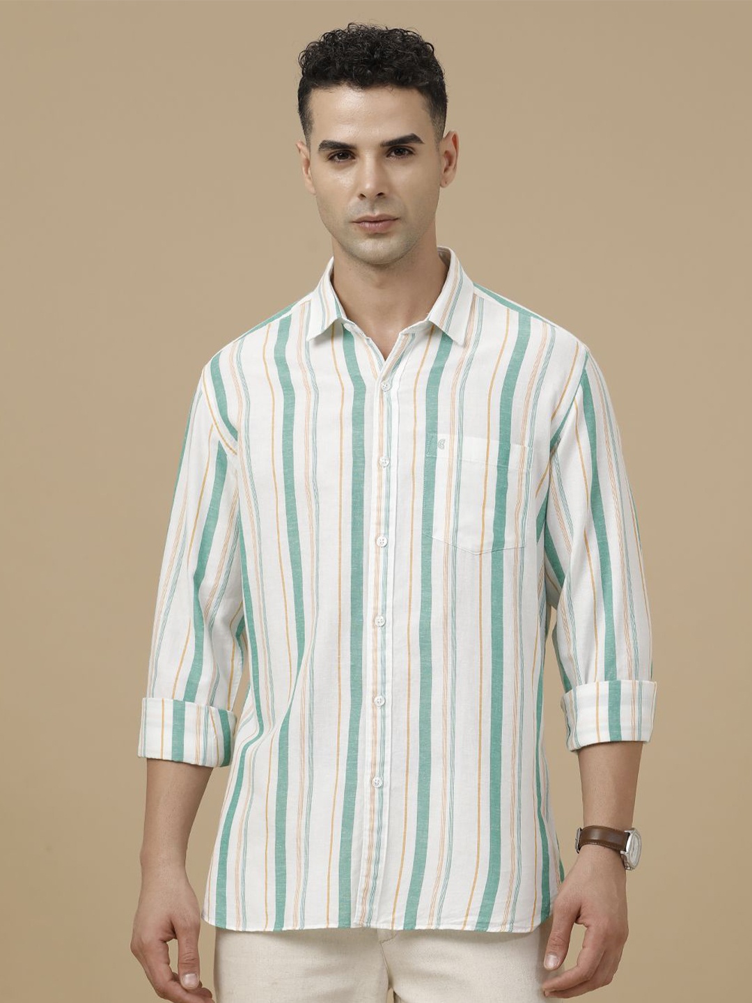 

CAVALLO by Linen Club Contemporary Slim Fit Multi Stripes Casual Shirt, Green