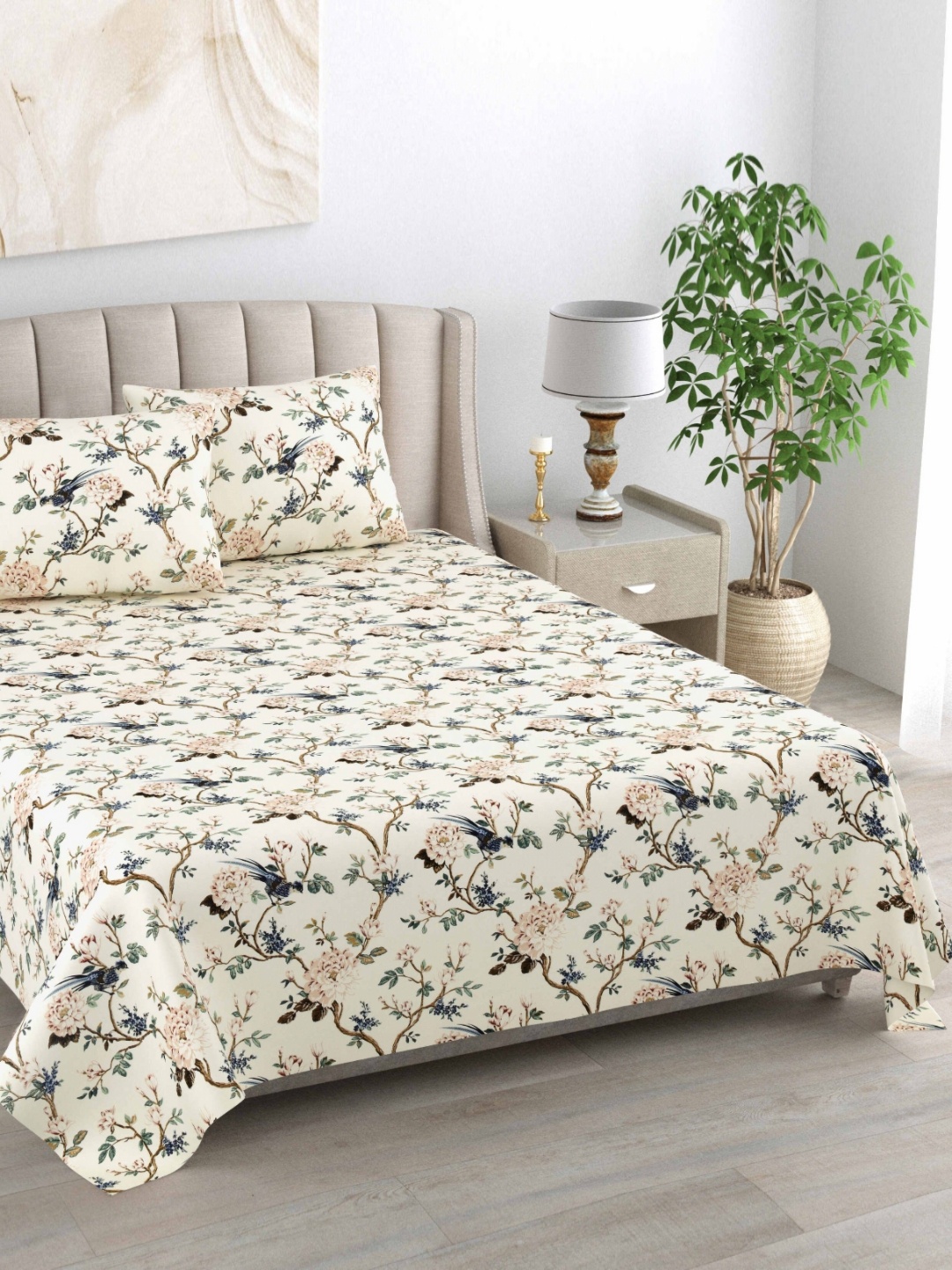 

BILBERRY Furnishing by preeti grover Cream-Coloured & Green Floral 180 TC King Bedsheet with 2 Pillow Covers