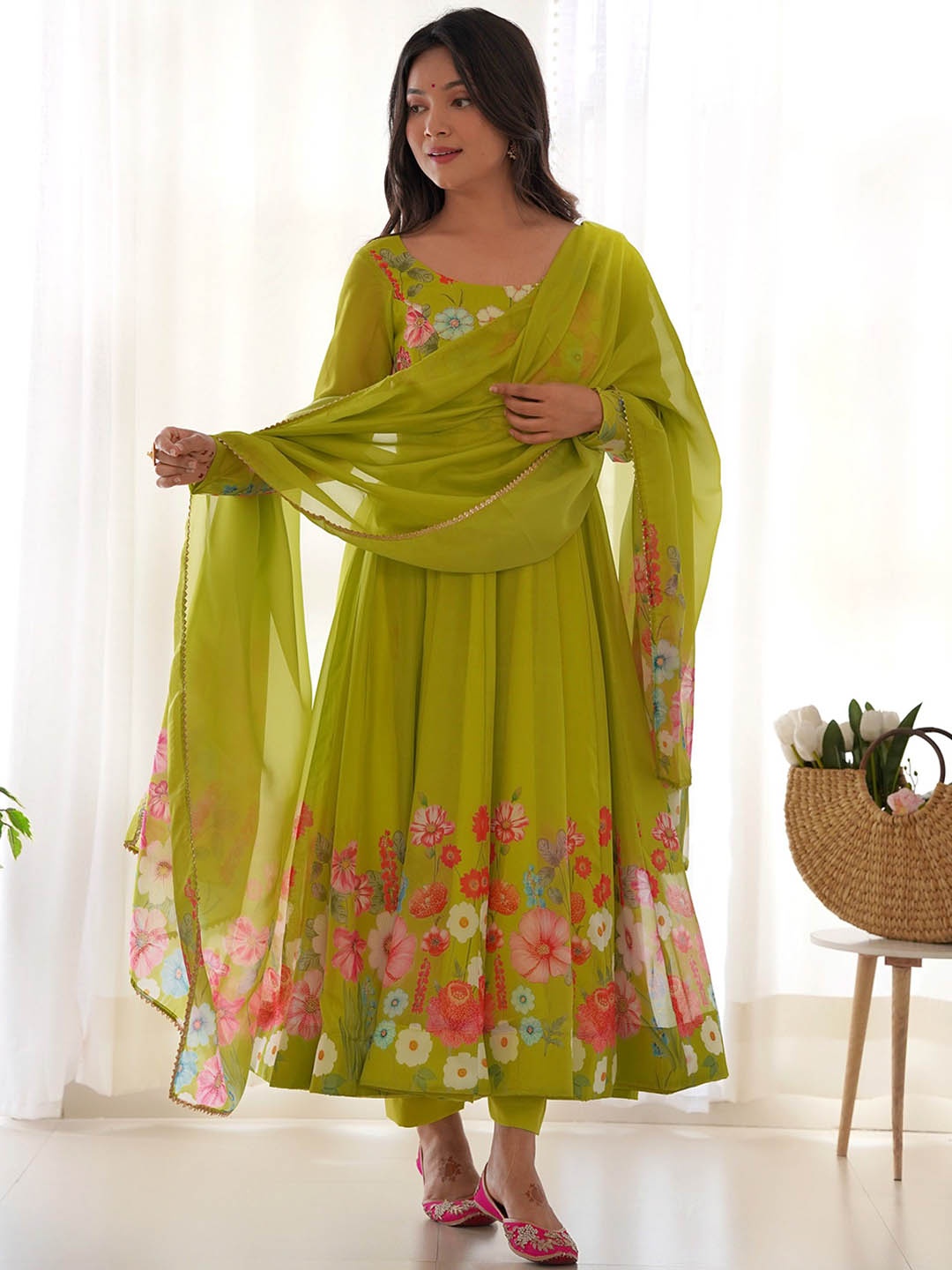 

KALINI Floral Printed Zardozi Anarkali Kurta with Trousers & Dupatta, Lime green