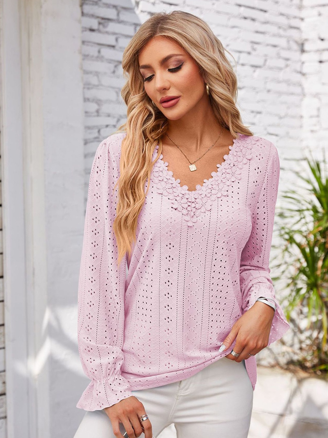 

StyleCast x Revolte Women Self Design Applique Long Sleeves Top, Pink