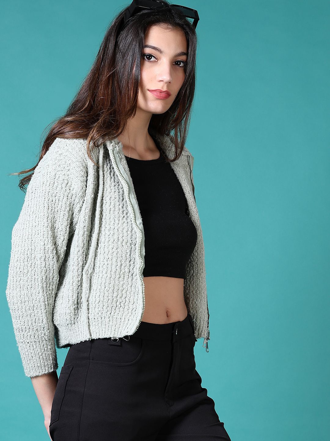 

V-Mart Women Cable Knit Front-Open Cotton Hooded Sweater, Grey