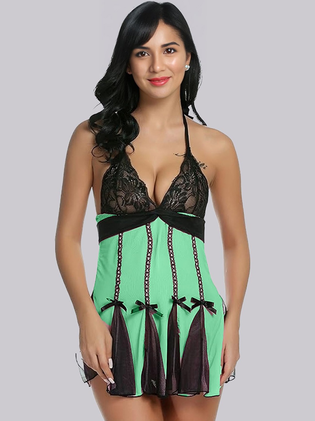 

BILLEBON Women Net Self Design Tie-Ups Baby Doll, Green