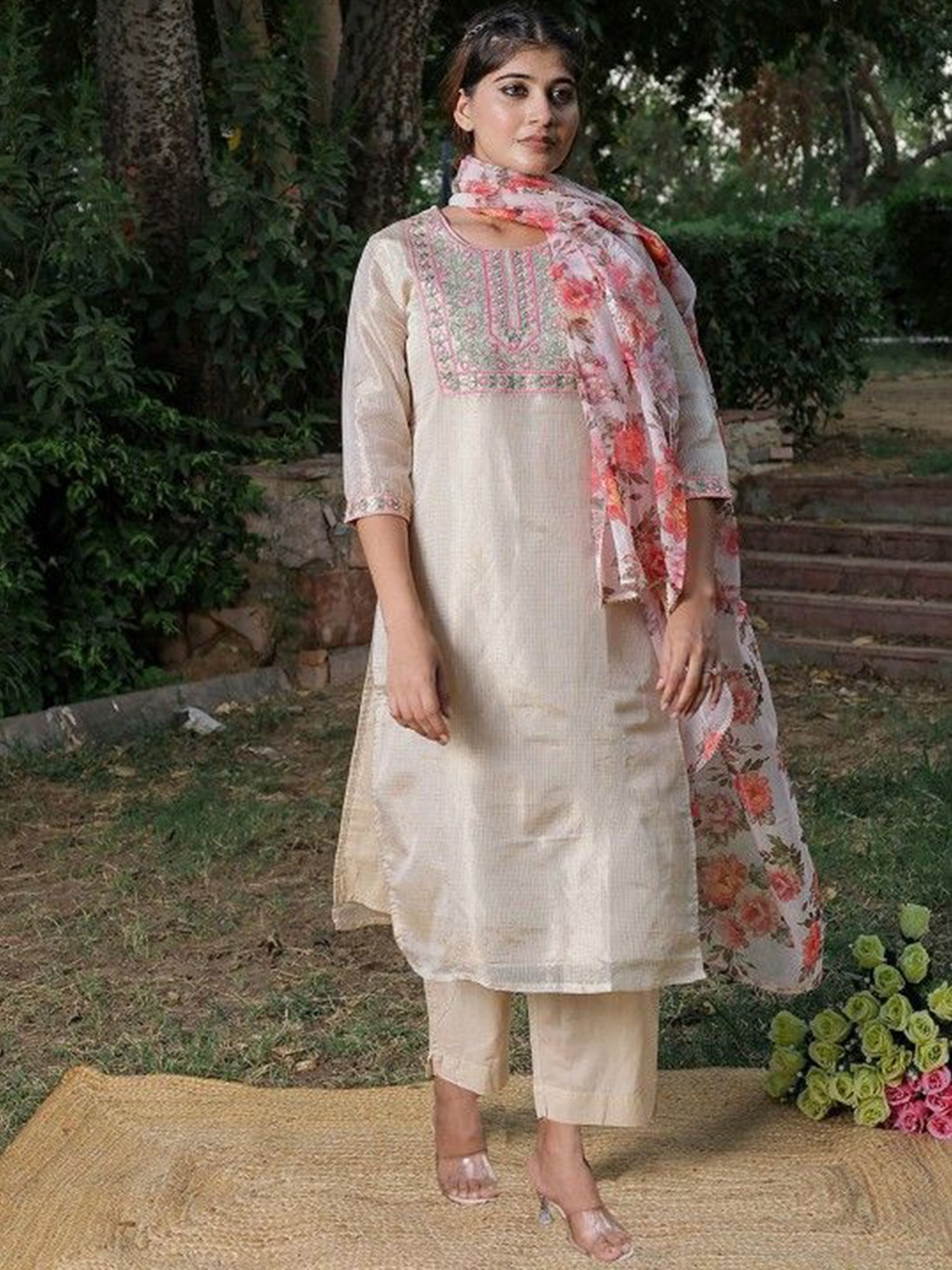 

Chandbaali Floral Embroidered Pure Cotton Straight Kurta With Trouser & Dupatta, Beige