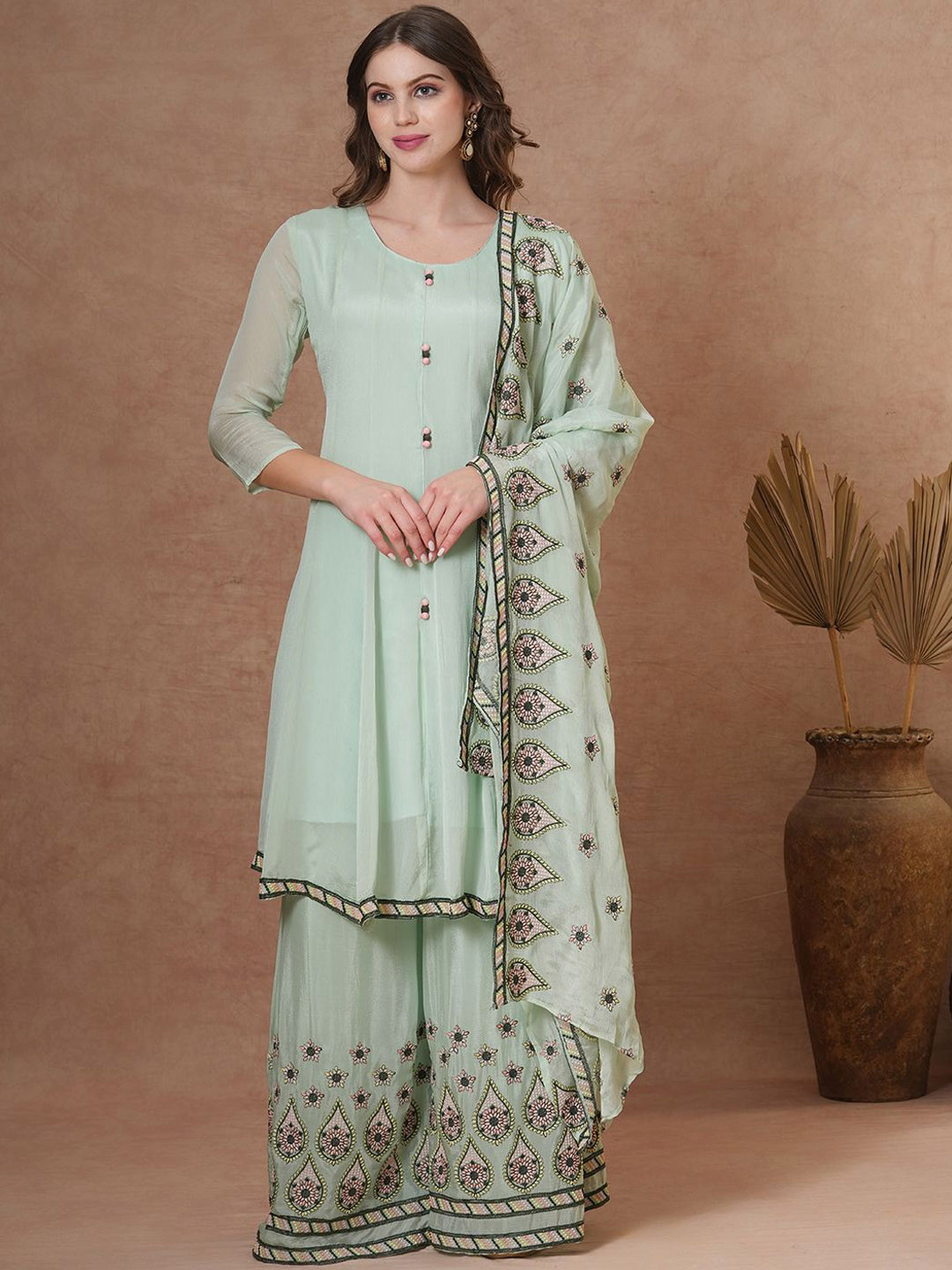 

FASHOR Floral Embroidered Panelled Thread Work Kurta with Palazzos & Dupatta, Green