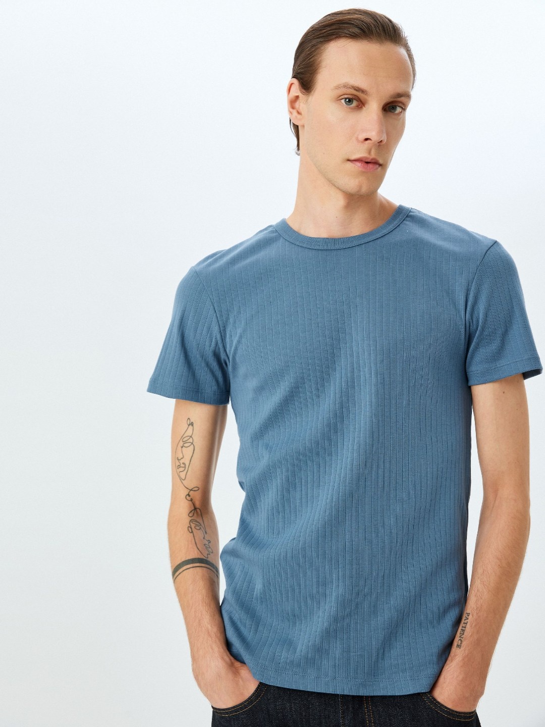 

Koton Men Self Design Round Neck Cotton T-shirt, Blue