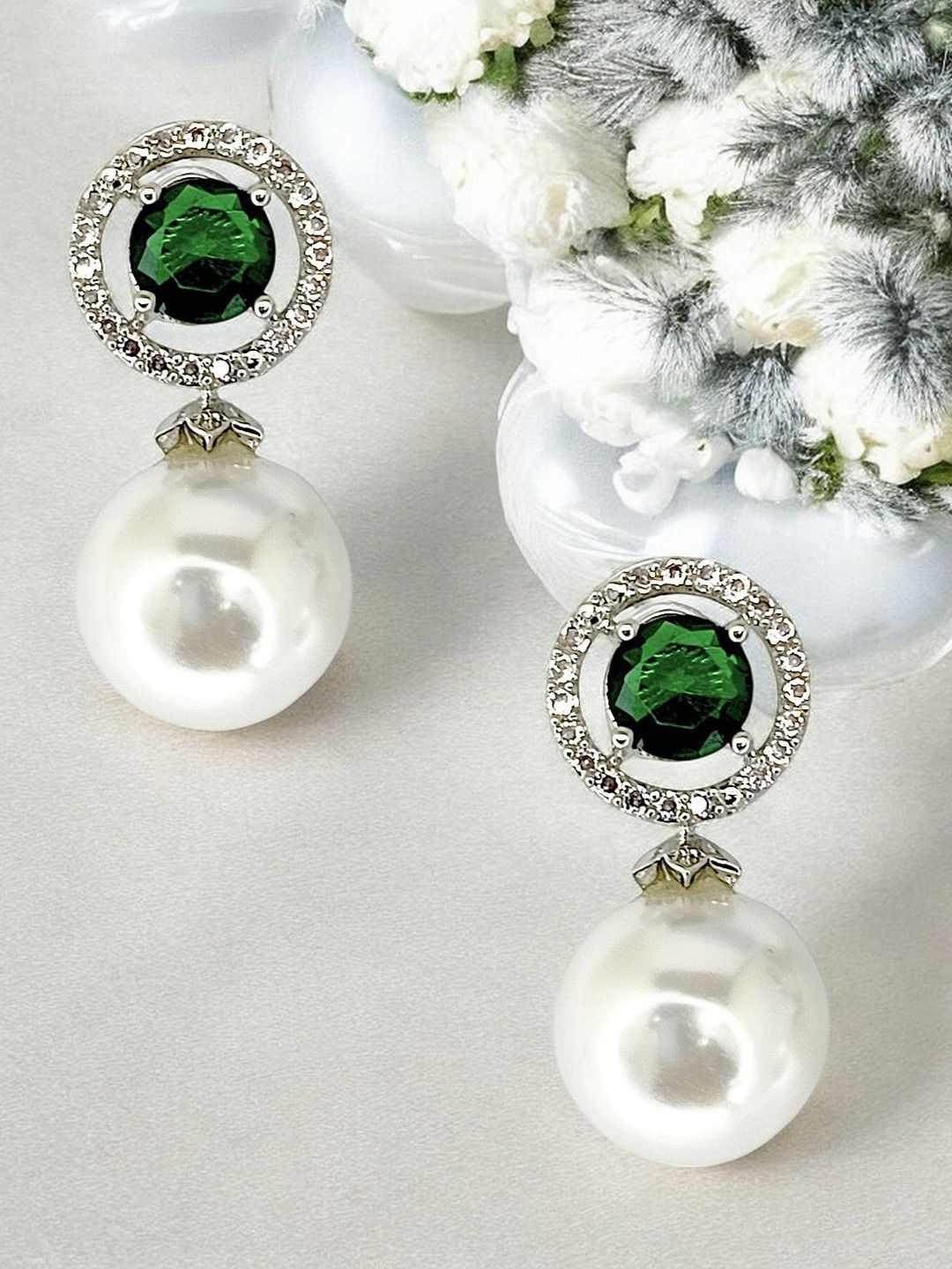

FEMMIBELLA Silver-Plated American Diamond Studded Circular Drop Earrings