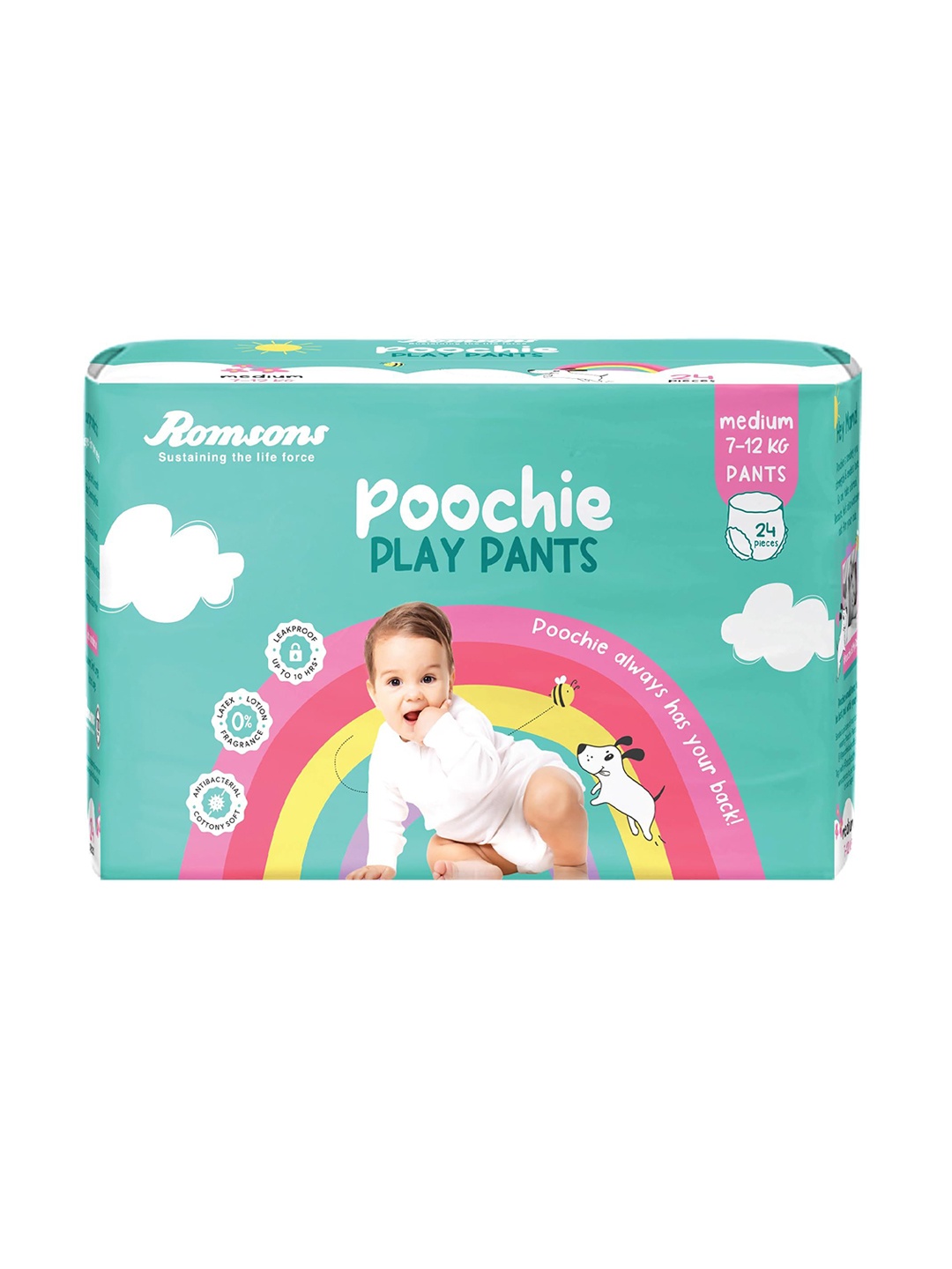 

Romsons Poochie Set Of 24 Play Pants Leakproof 7- 12 Kg Baby Diapers- Medium, White