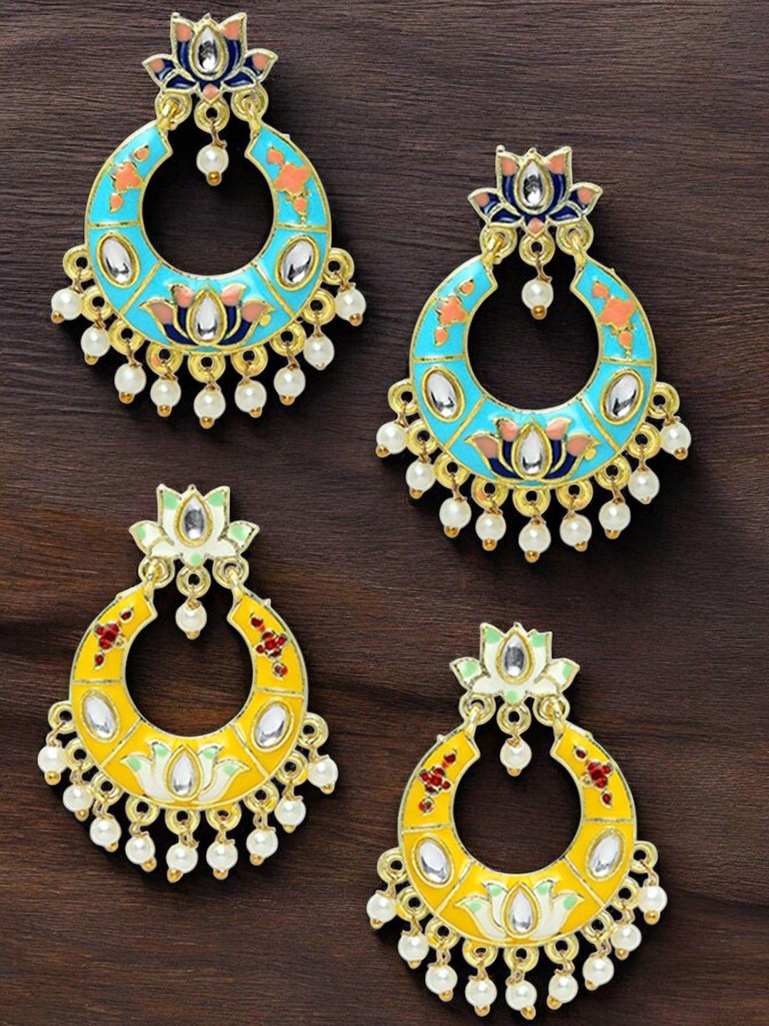 

OOMPH Pack Of 4 Kundan Studded Floral Chandbalis Earrings, Turquoise blue