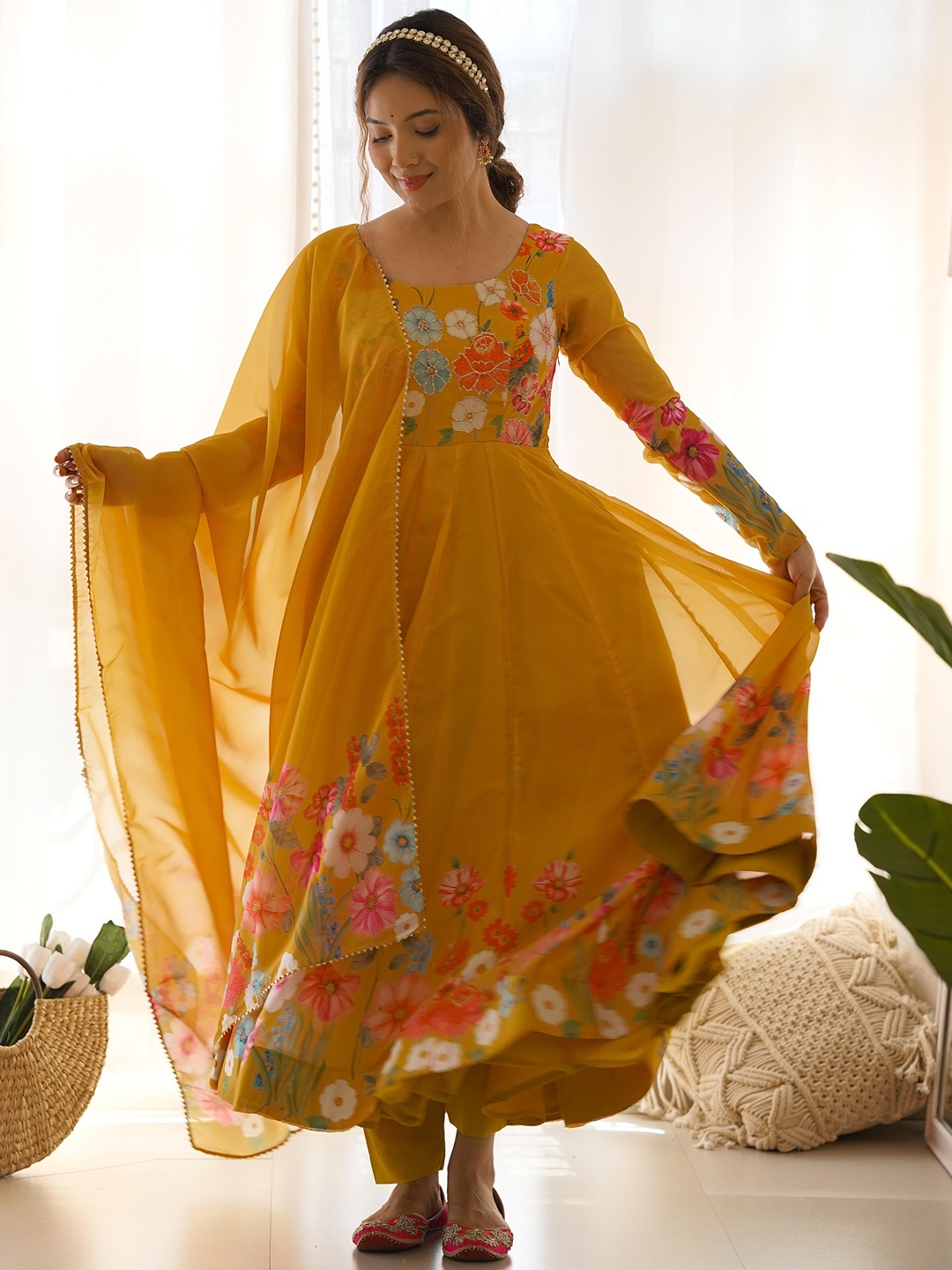 

KALINI Floral Printed Zardozi Anarkali Kurta with Trousers & Dupatta, Mustard