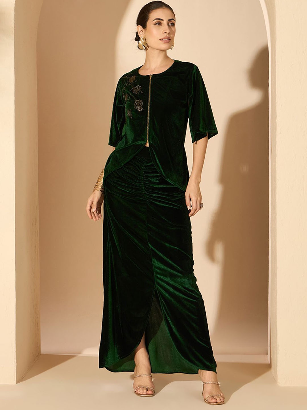 

Antheaa Velvet Embellished Shirt Sleeves Top with Skirt, Green