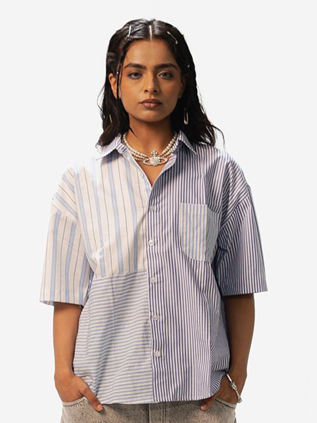 

CTRL+P Unisex Boxy Opaque Striped Casual Shirt, Blue