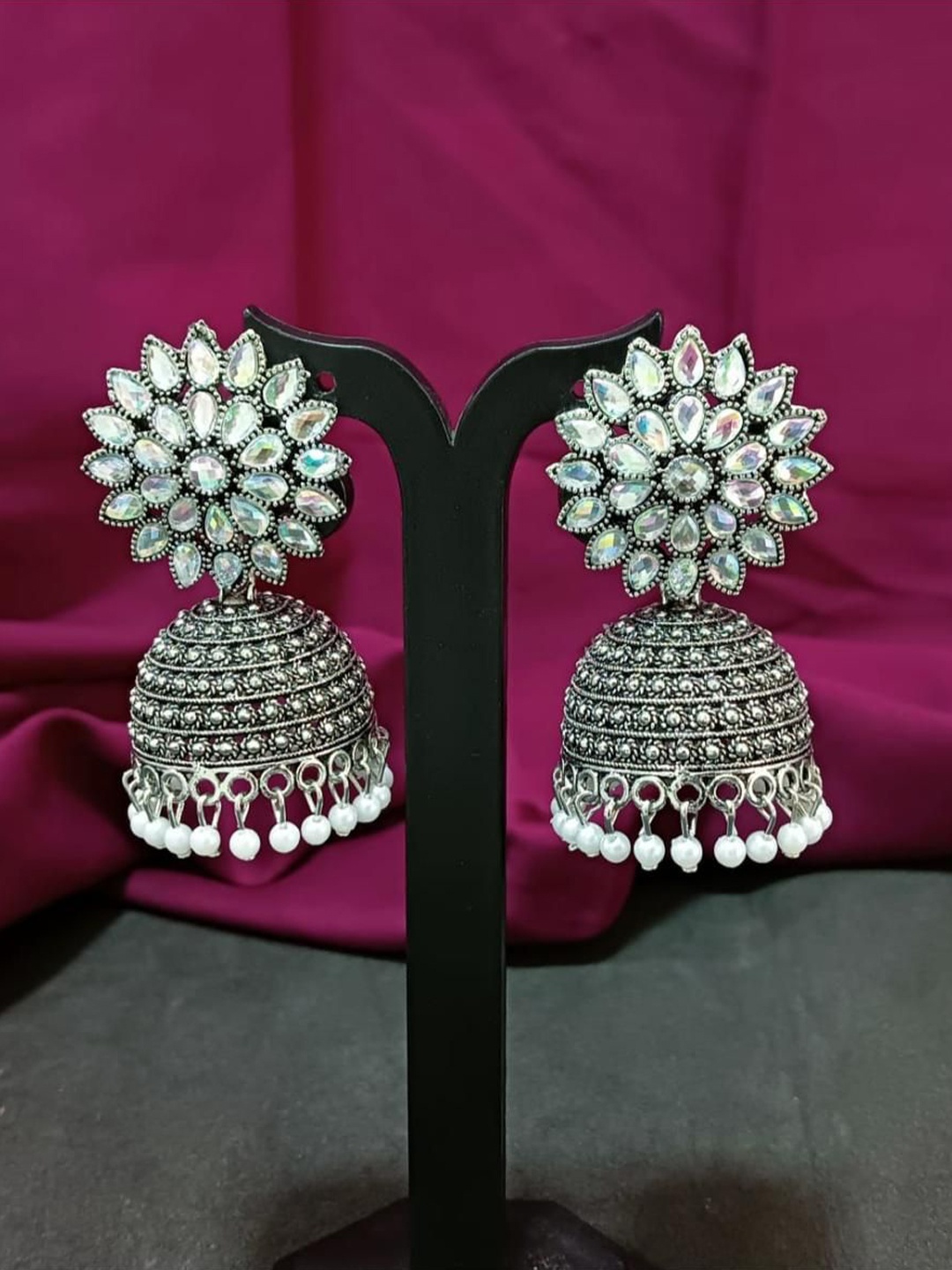 

Efulgenz Rhodium-Plated Dome Shaped Crystals & Beaded Oxidised Jhumkas, Silver