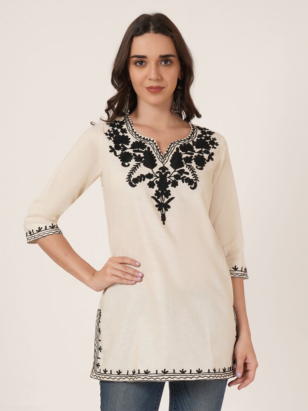 

Brownverse Women Floral Embroidered Cotton Top, Off white