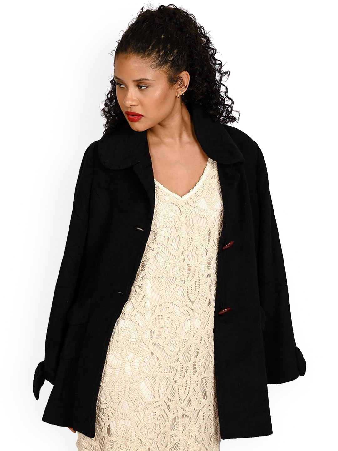 

ODETTE Women Woollen Longline Open Front Jacket, Black