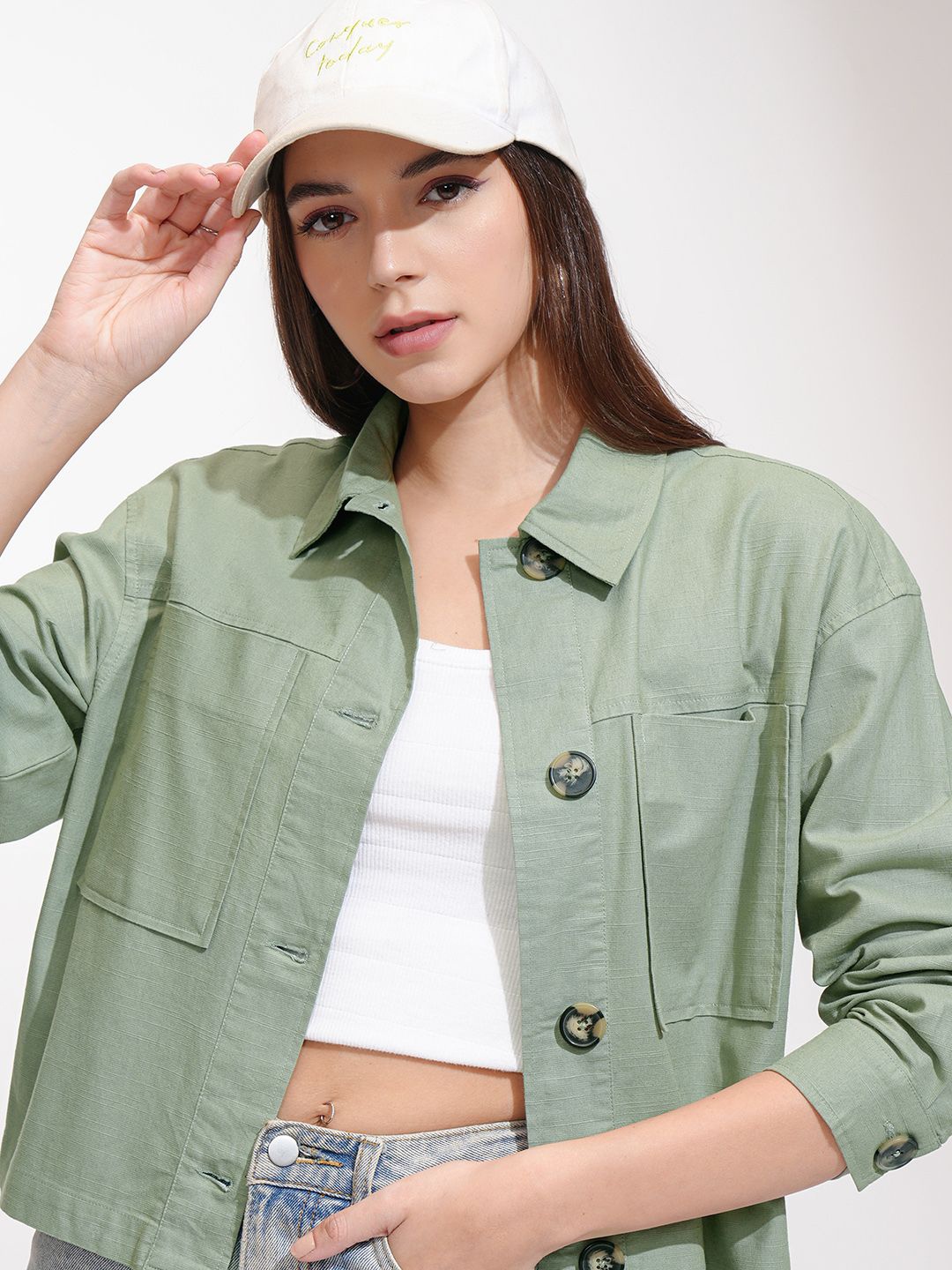 

Street By Tokyo Talkies Women Olive Oversized Double Pocket Button Down Shirt