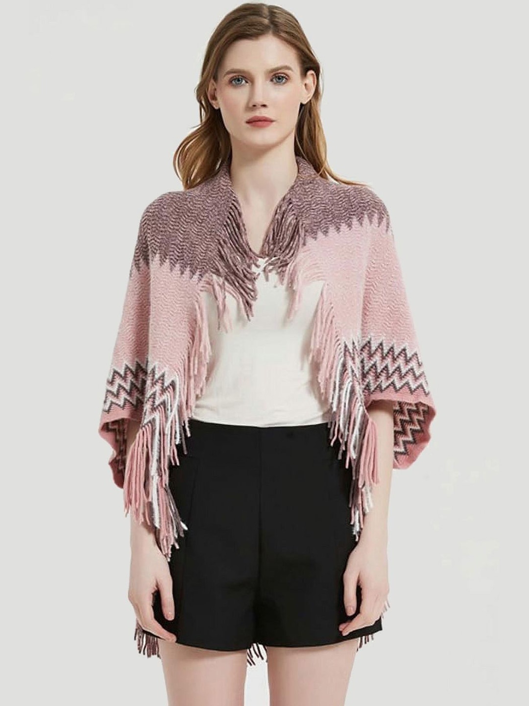 

Bold N Elegant Striped Longline Poncho with Fringed Detail, Pink