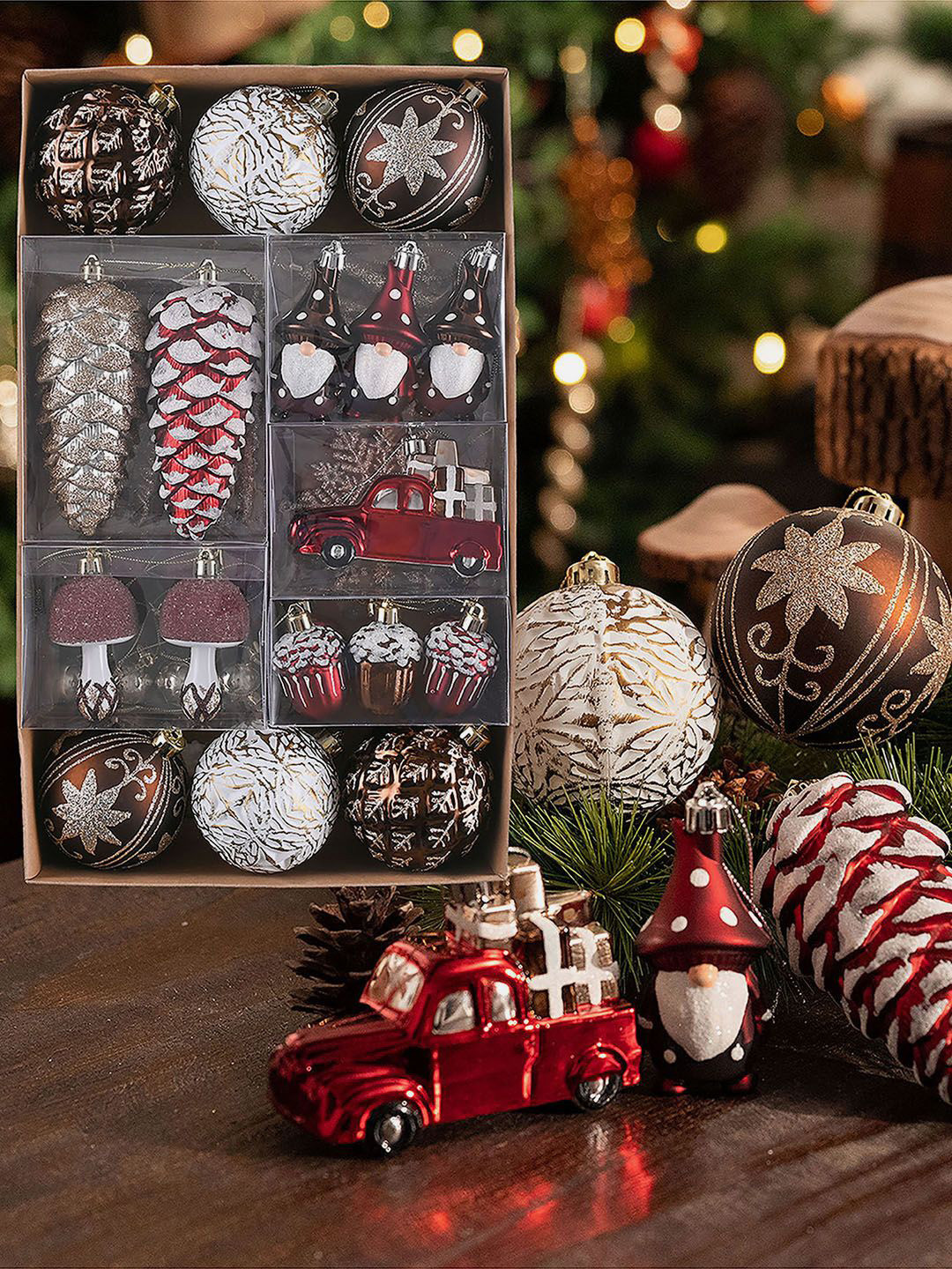 

Little Surprise Box LLP Maroon & White 60Pcs Printed Pinecone Christmas Balls Tree Hanging
