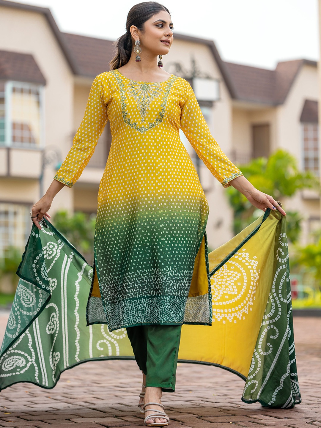 

Mesqlu Round Neck Bandhani Printed Thread Work Straight Kurta with Trouser & Dupatta, Yellow