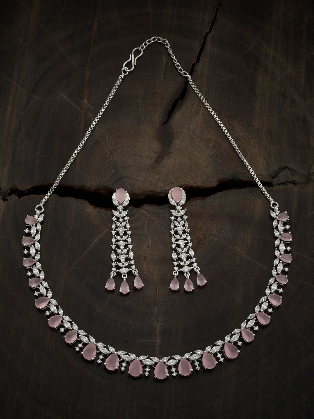 

Kushal's Fashion Jewellery Rhodium-Plated CZ Studded Necklace and Earrings, Silver