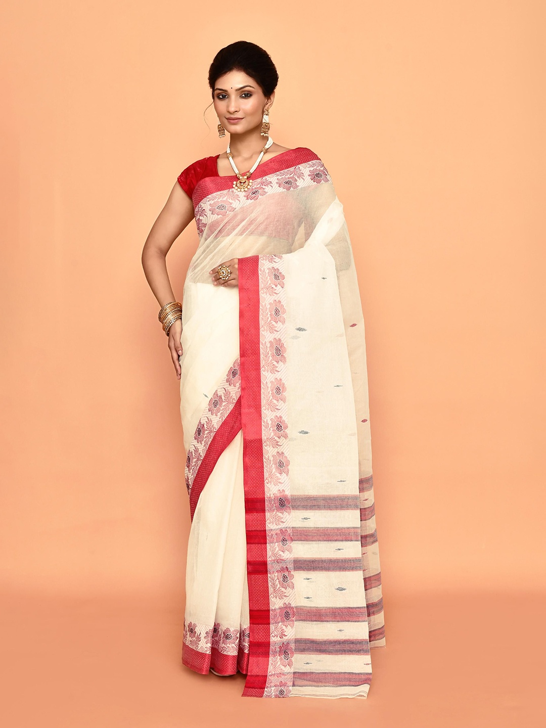 

PUKU Woven Design Pure Cotton Taant Saree, Off white
