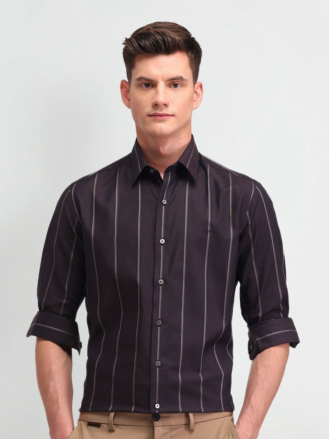 

Arrow New York Men Smart Slim Fit Opaque Striped Formal Shirt, Purple