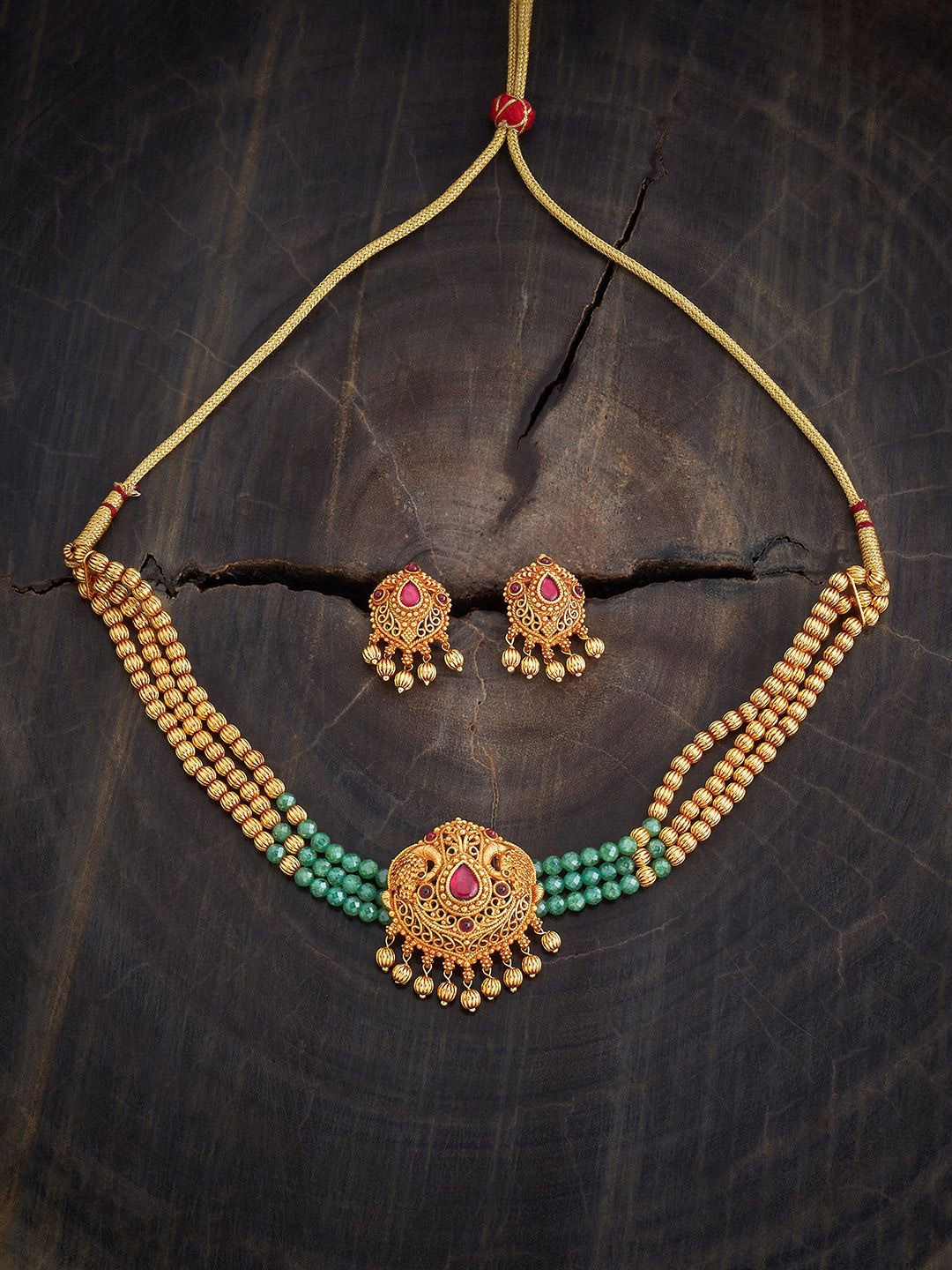 

Kushal's Fashion Jewellery Gold-Plated Stone-Studded & Beaded Antique Necklace & Earrings