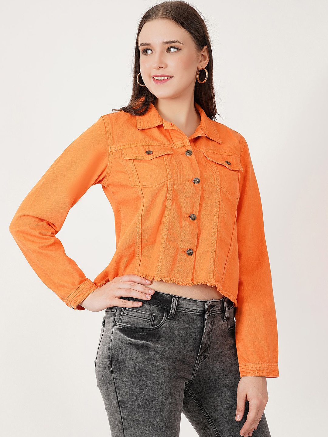 

Mast & Harbour Women Crop Denim Jacket, Orange