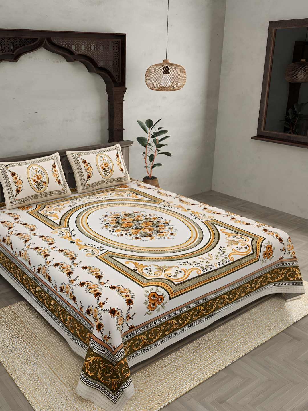 

BED-SHEET.COM Yellow Floral Printed Cotton 240 TC King Bedsheet Set 2.74 m x 2.54 m