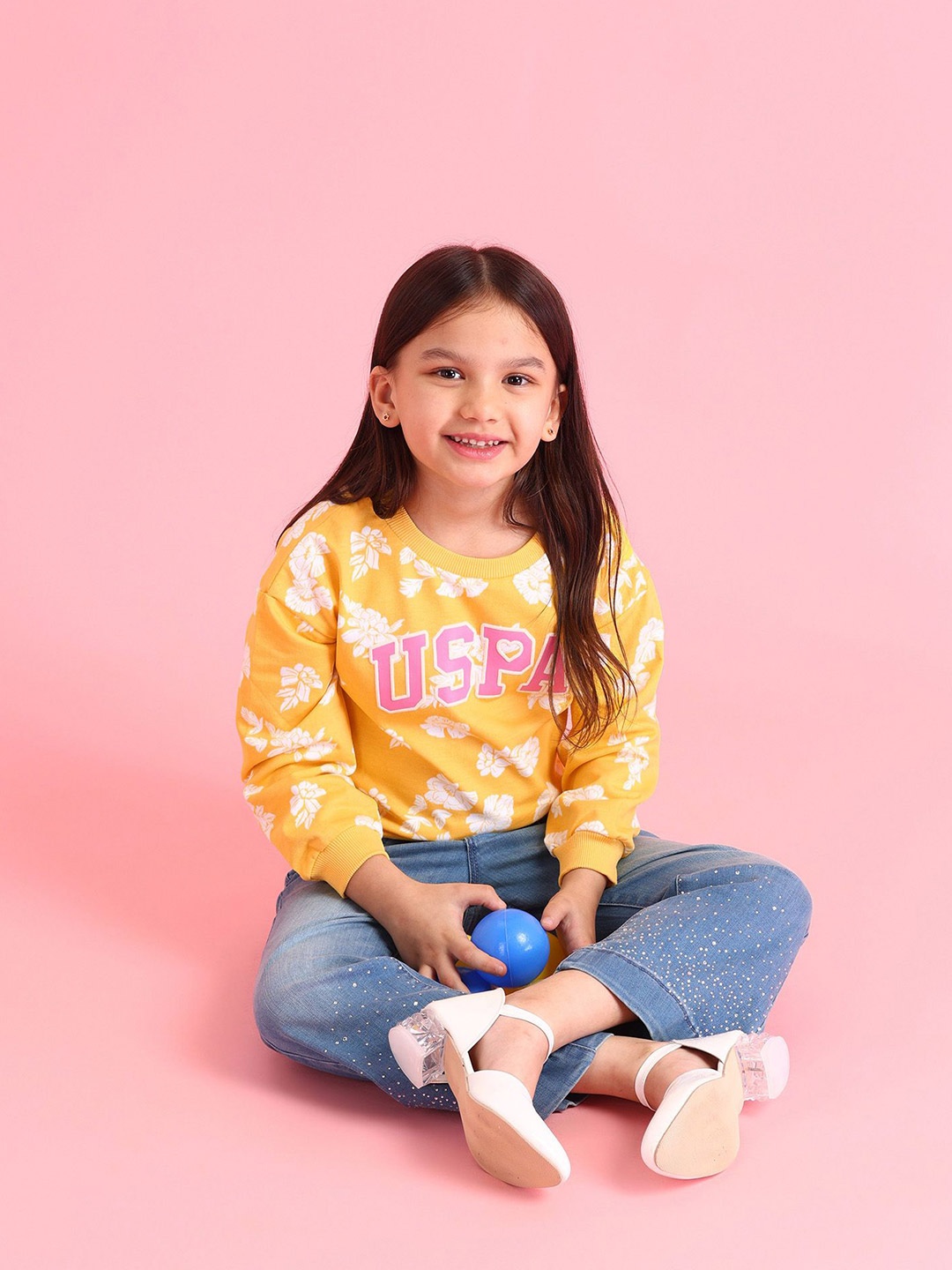 

U.S. Polo Assn. Kids Girls Brand Logo Printed Cotton Pullover, Yellow