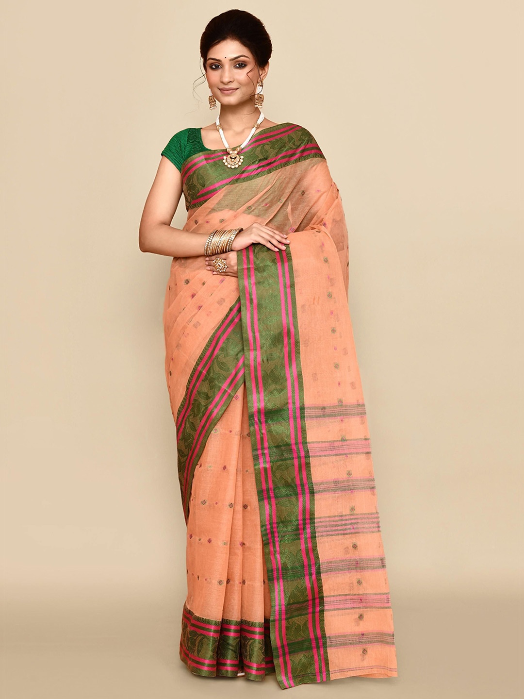 

PUKU Ethnic Motifs Pure Cotton Taant Saree, Beige