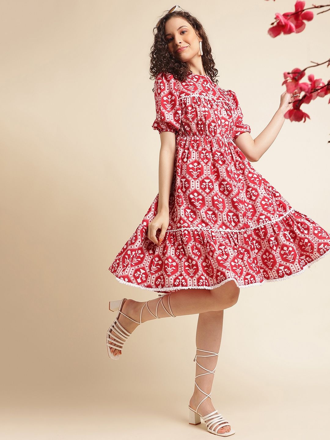 

DressBerry Women Ethnic Motifs Printec Fit & Flare Dress, Red