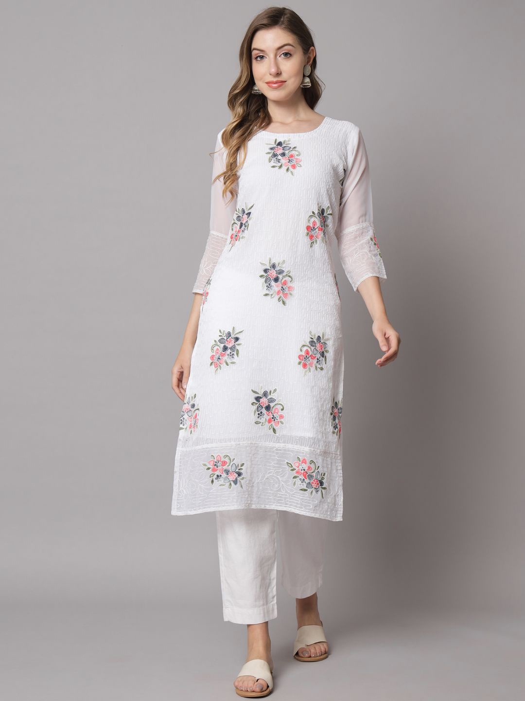 

HERE&NOW Floral Embroidered Georgette Straight Kurta, White