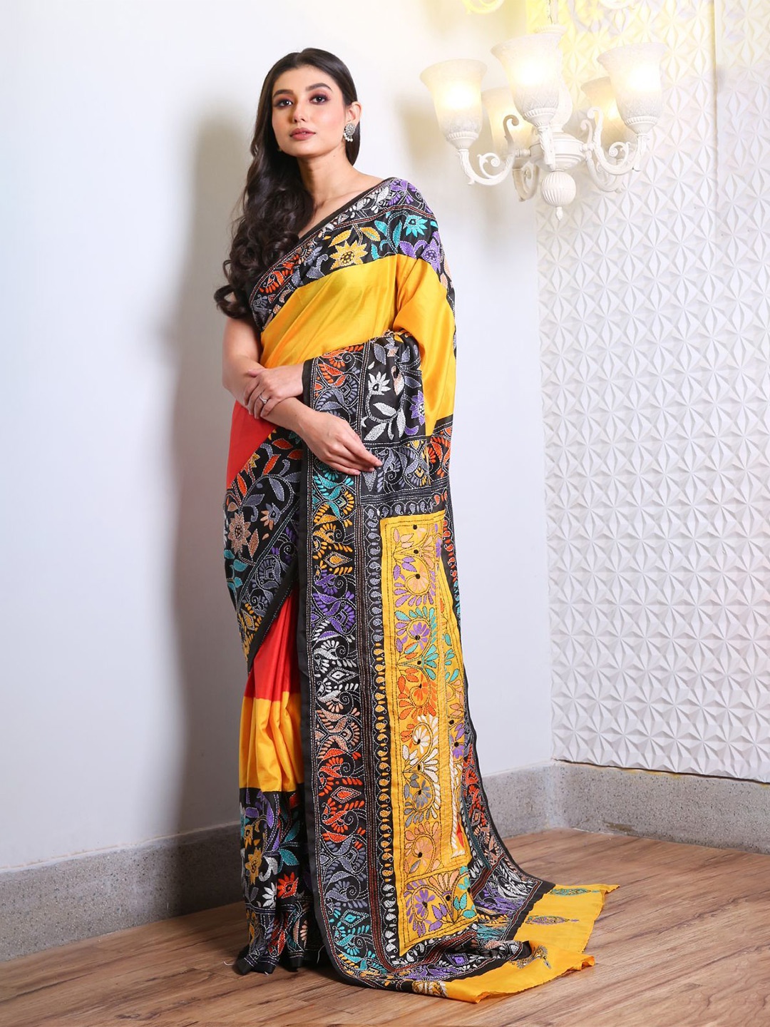 

Charukriti Woven Design Kantha Work Pure Silk Saree, Yellow