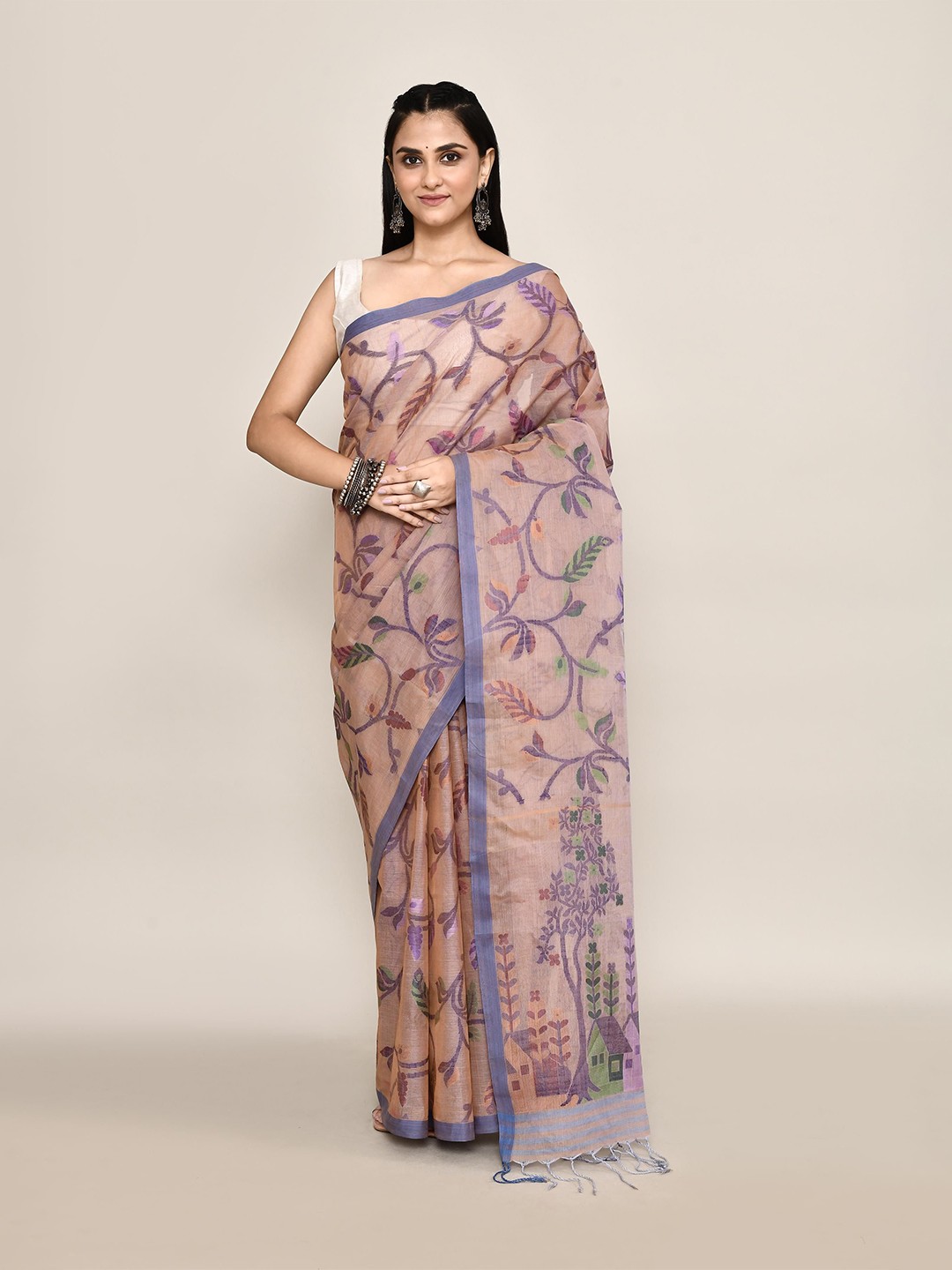 

PUKU Women Ethnic Motifs Pure Cotton Taant Saree, Brown