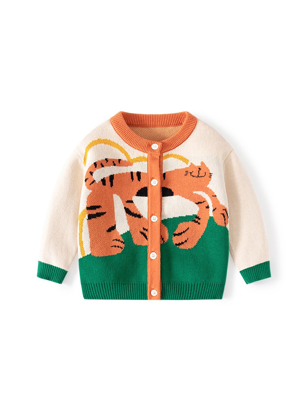 

LULU & SKY Boys Animal Printed Cotton Cardigan Sweater, Beige