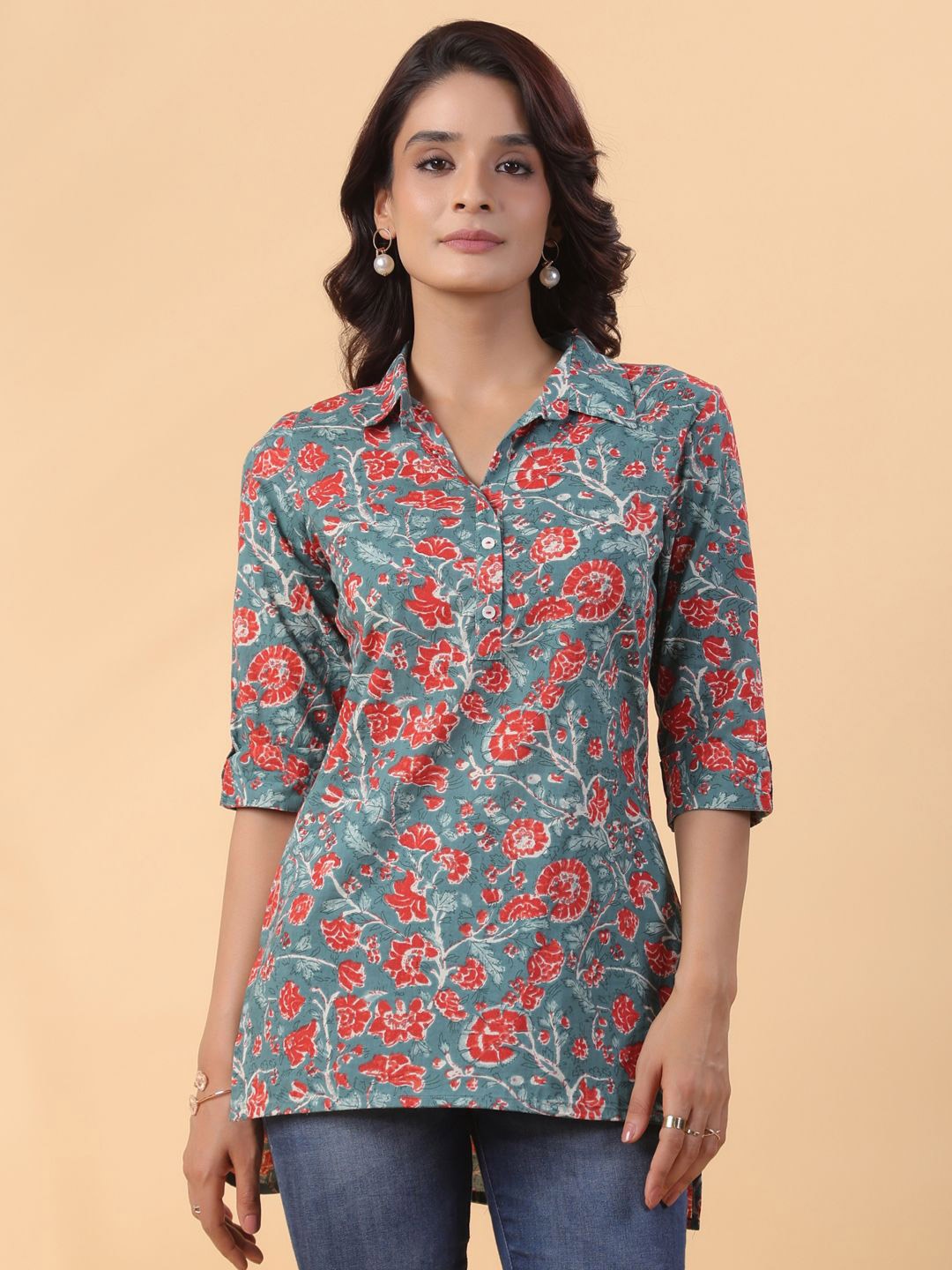 

Janasya Women Floral Printed Cotton Shirt Style Top, Green