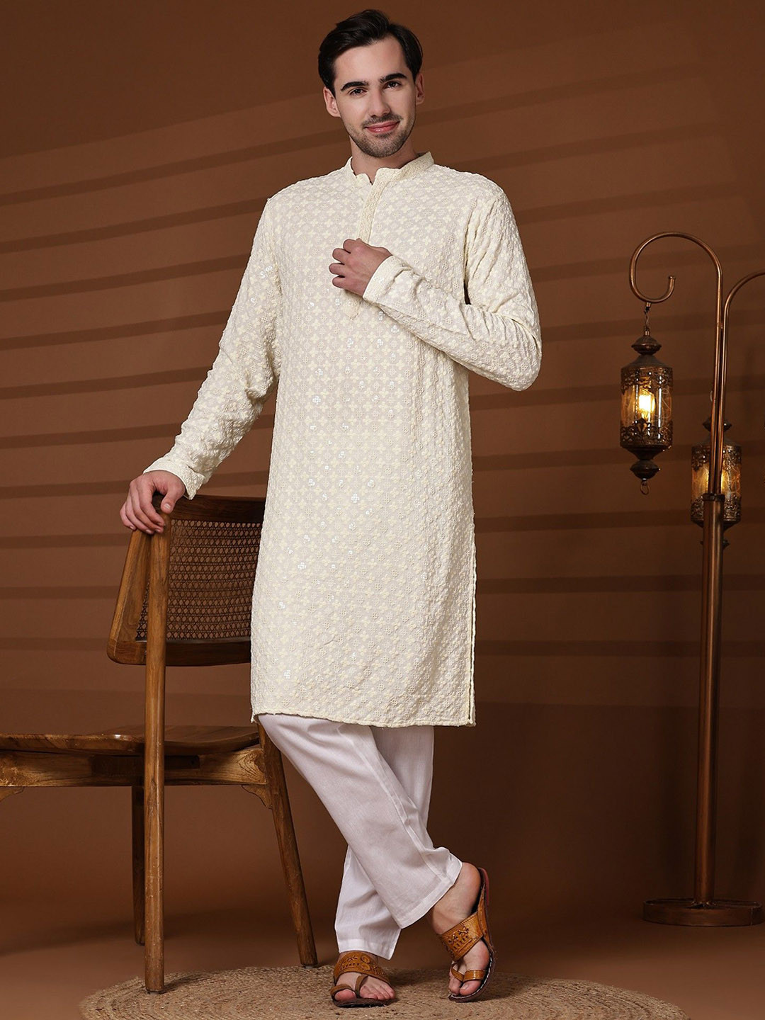 

SKAVIJ Floral Embroidered Thread Work Pure Cotton Jacquard Straight Kurta with Pyjamas, Cream