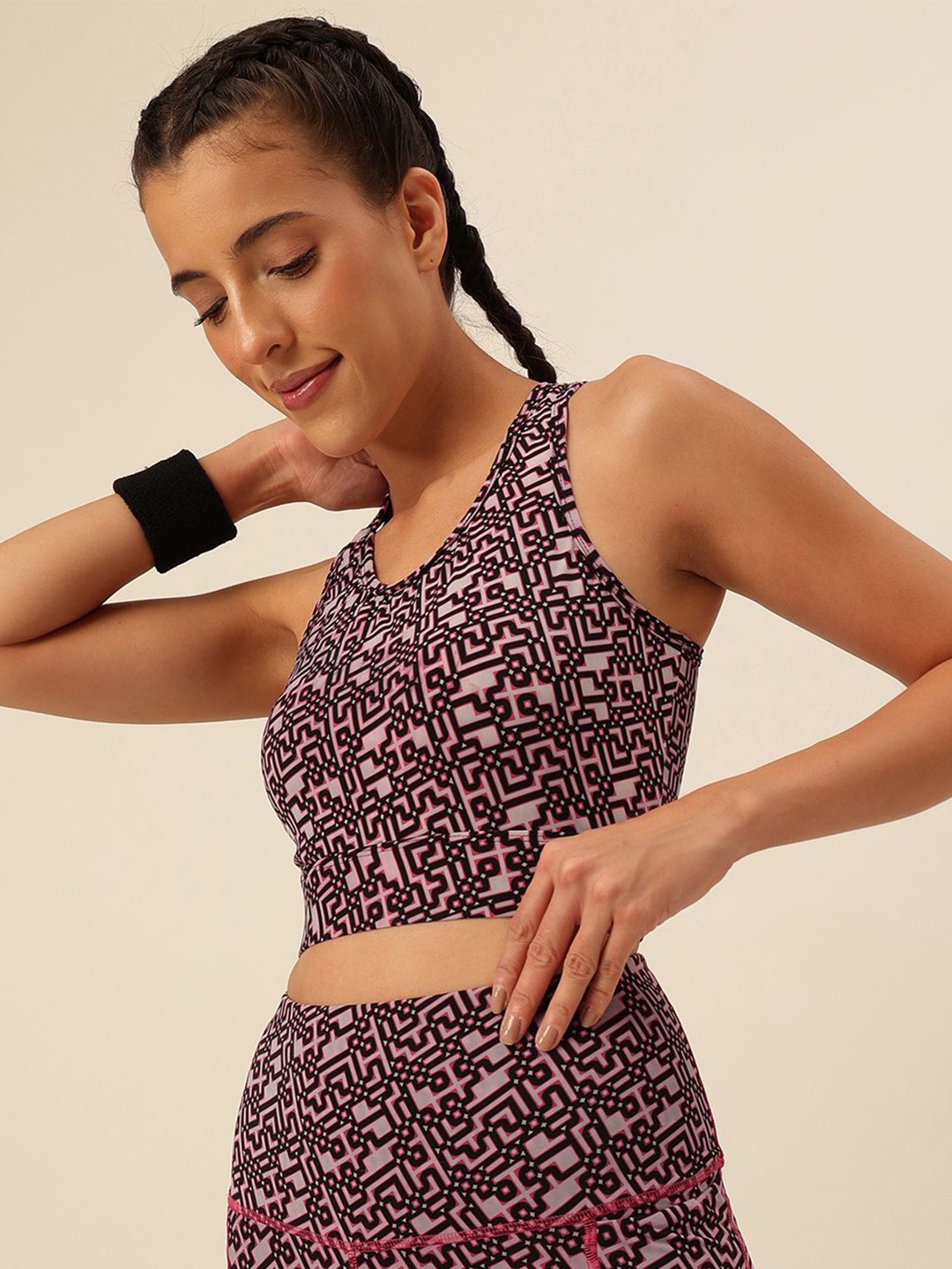 

CUKOO Geometric Printed Full Coverage Lightly Padded Workout Bra, Purple