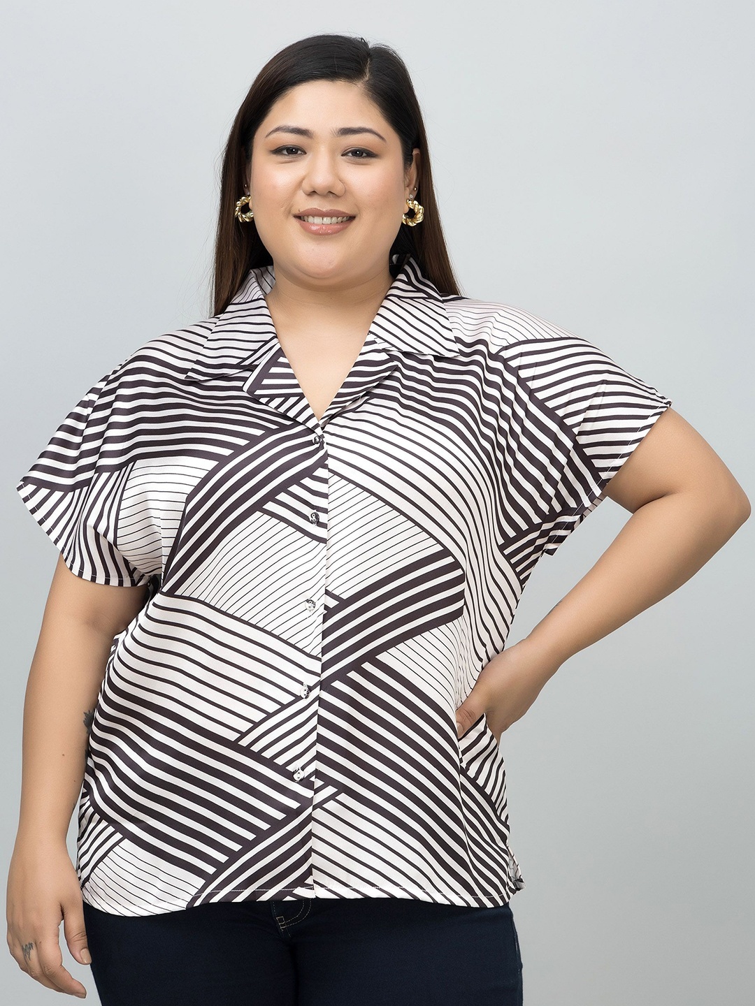 

PURYS PLUS Women Striped Casual Satin Shirt, White