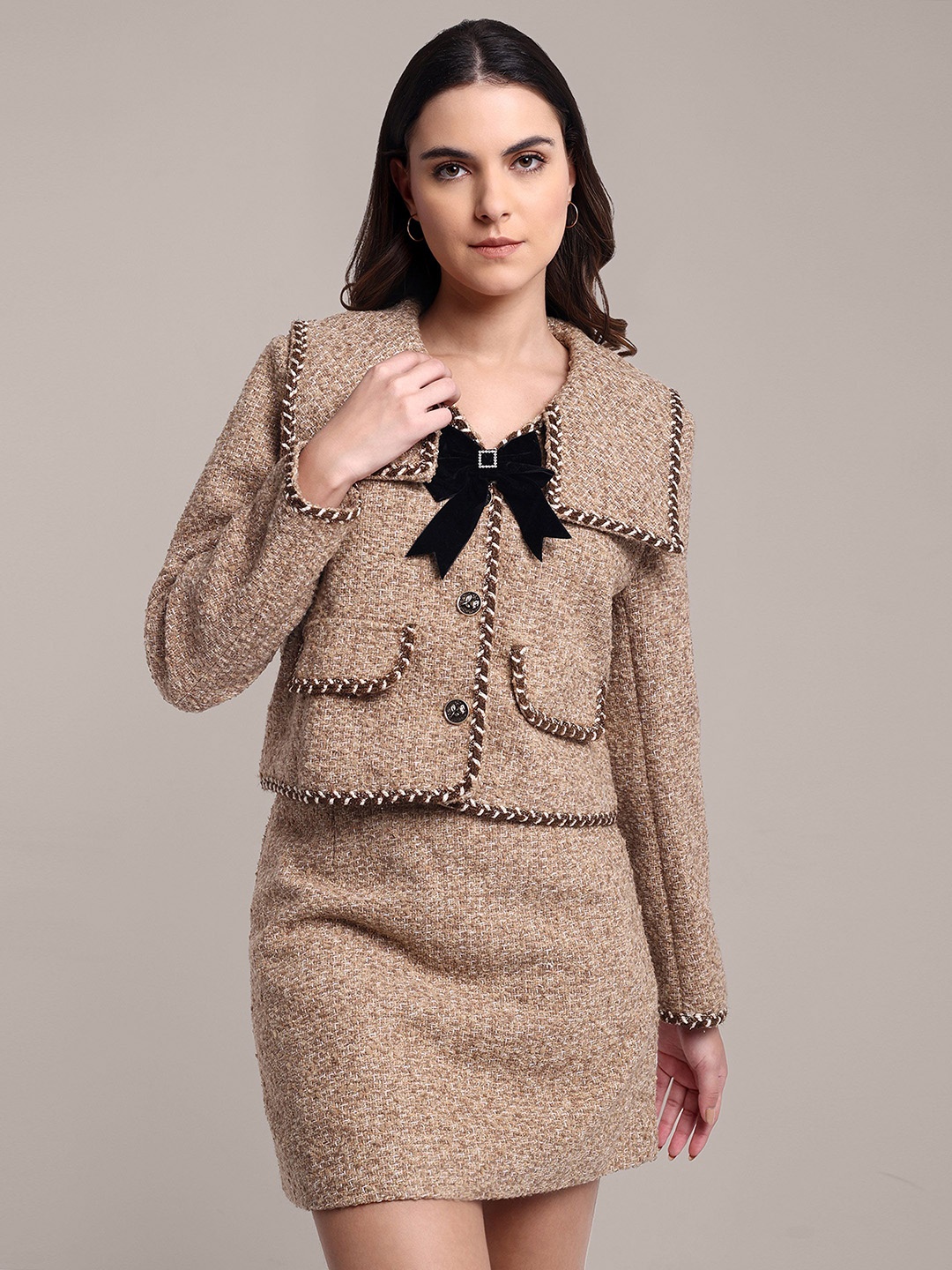 

iki chic Self Design Fitted Tweed Jacket & Mini Skirt, Brown