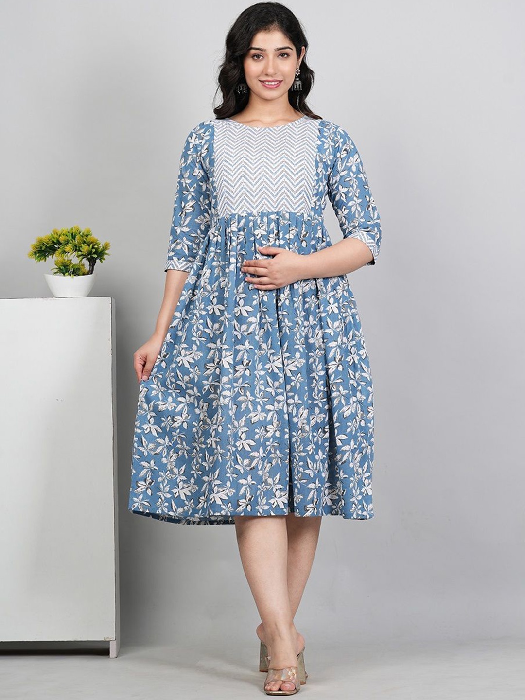 

HETSA Floral Printed Pure Cotton Fit and Flare Maternity Ethnic Dresses, Blue