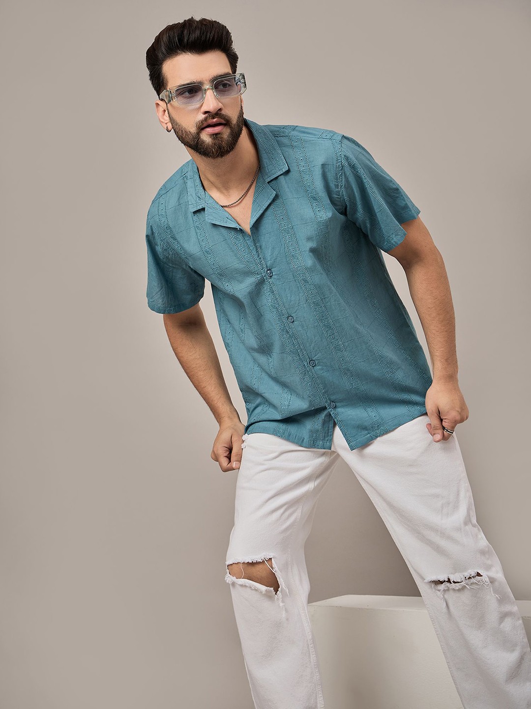 

Anouk Men Opaque Striped Casual Shirt, Teal