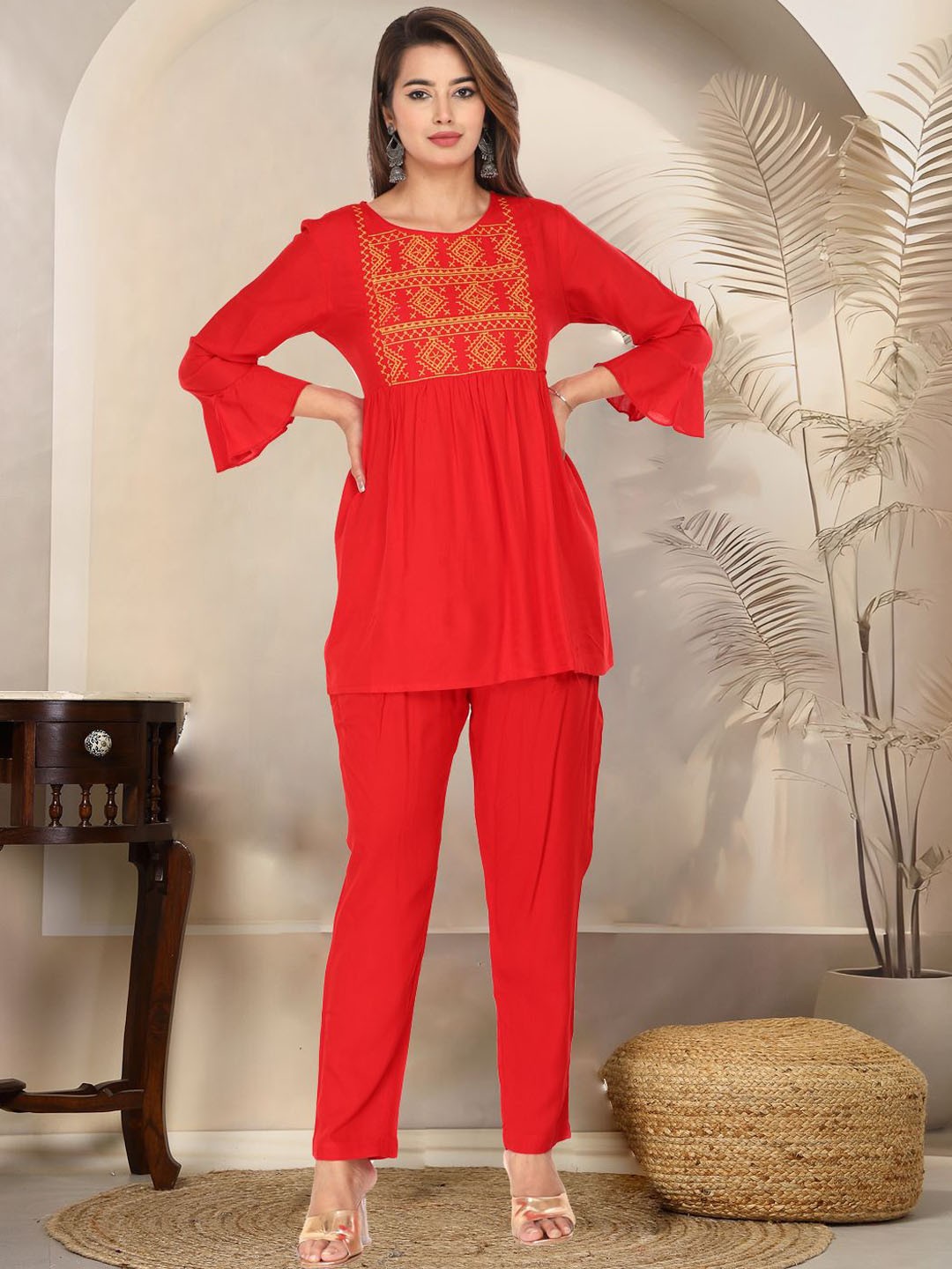 

MARISY Floral Embroidered Round Neck Bell Sleeves Thread Work Top & Trousers, Red