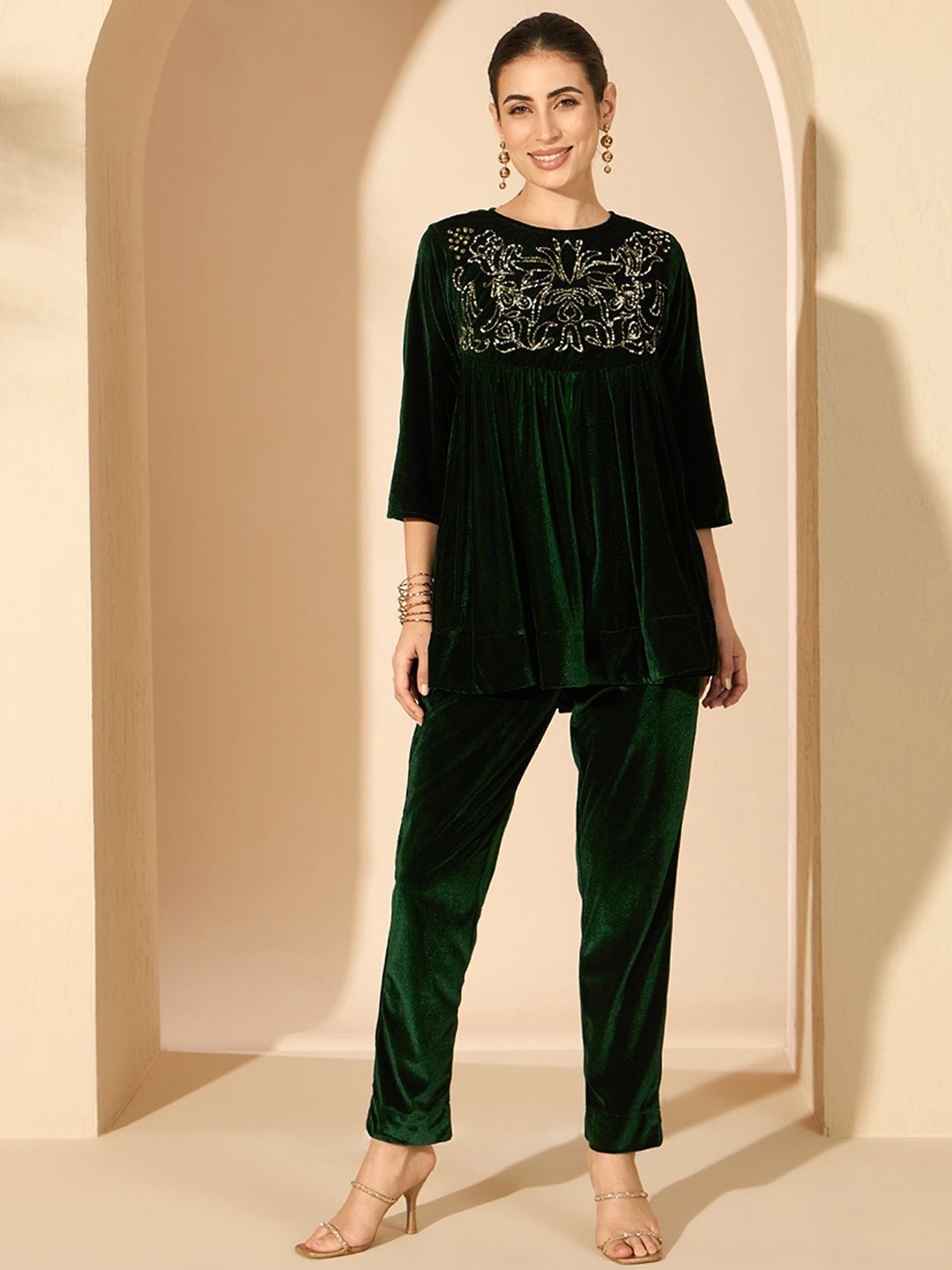 

Antheaa Velvet Embellished Top with Trousers, Green