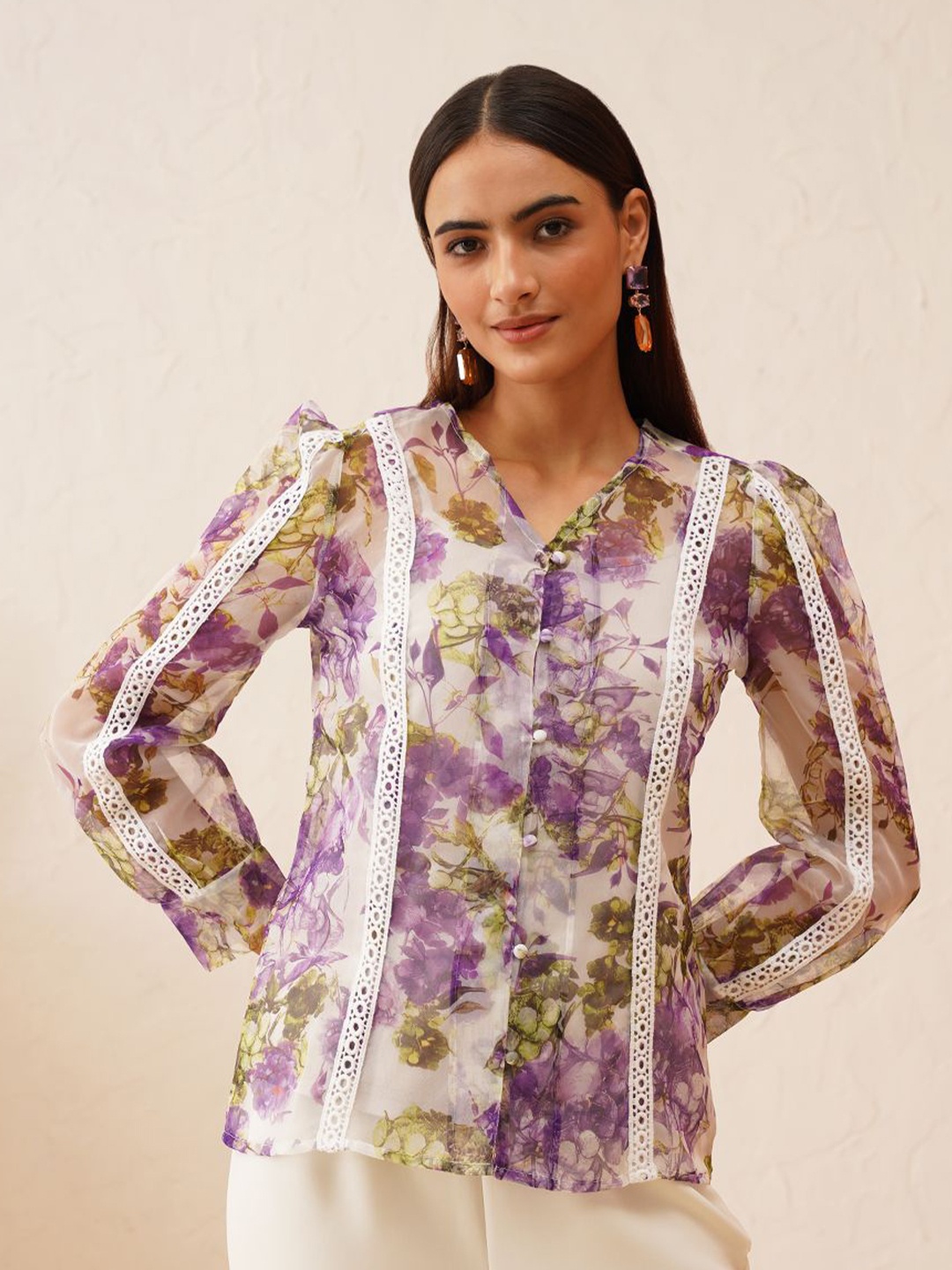 

Beatnik Floral Printed Puff Sleeve Blouson Top, Purple