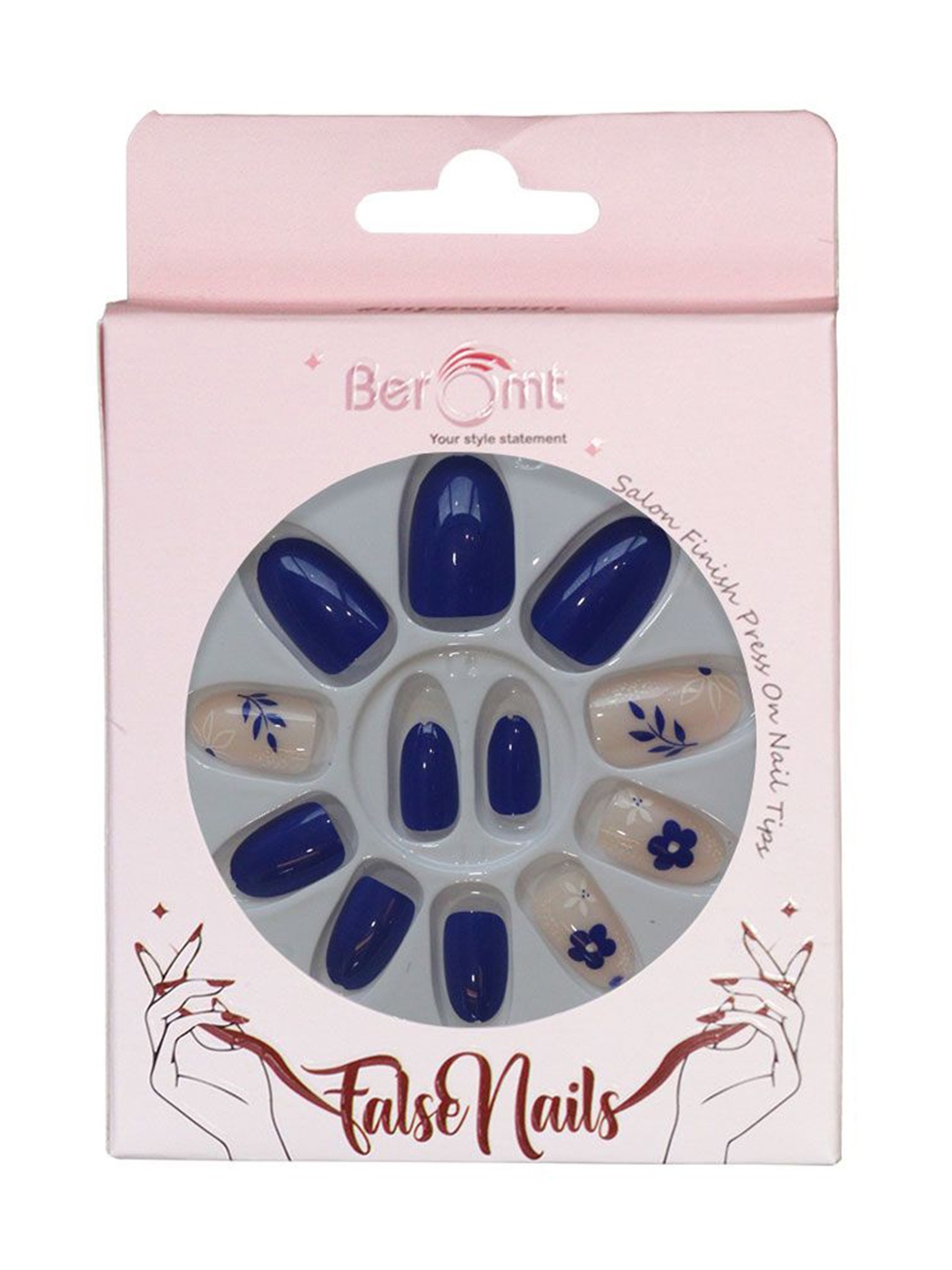 

BEROMT Set Of 12 Press On Artificial Nails With Nail Glue, Filler, Cuticle Stick - 798, Blue